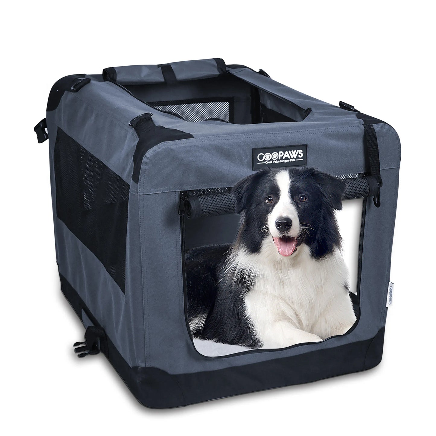 Soft Pet Crates Kennel, 3 Door Soft Sided Folding Travel Pet Carrier with Straps and Fleece Mat for Dogs, Cats, Rabbits, Indoor/Outdoor Use with Grey, Blue & Beige, Black
