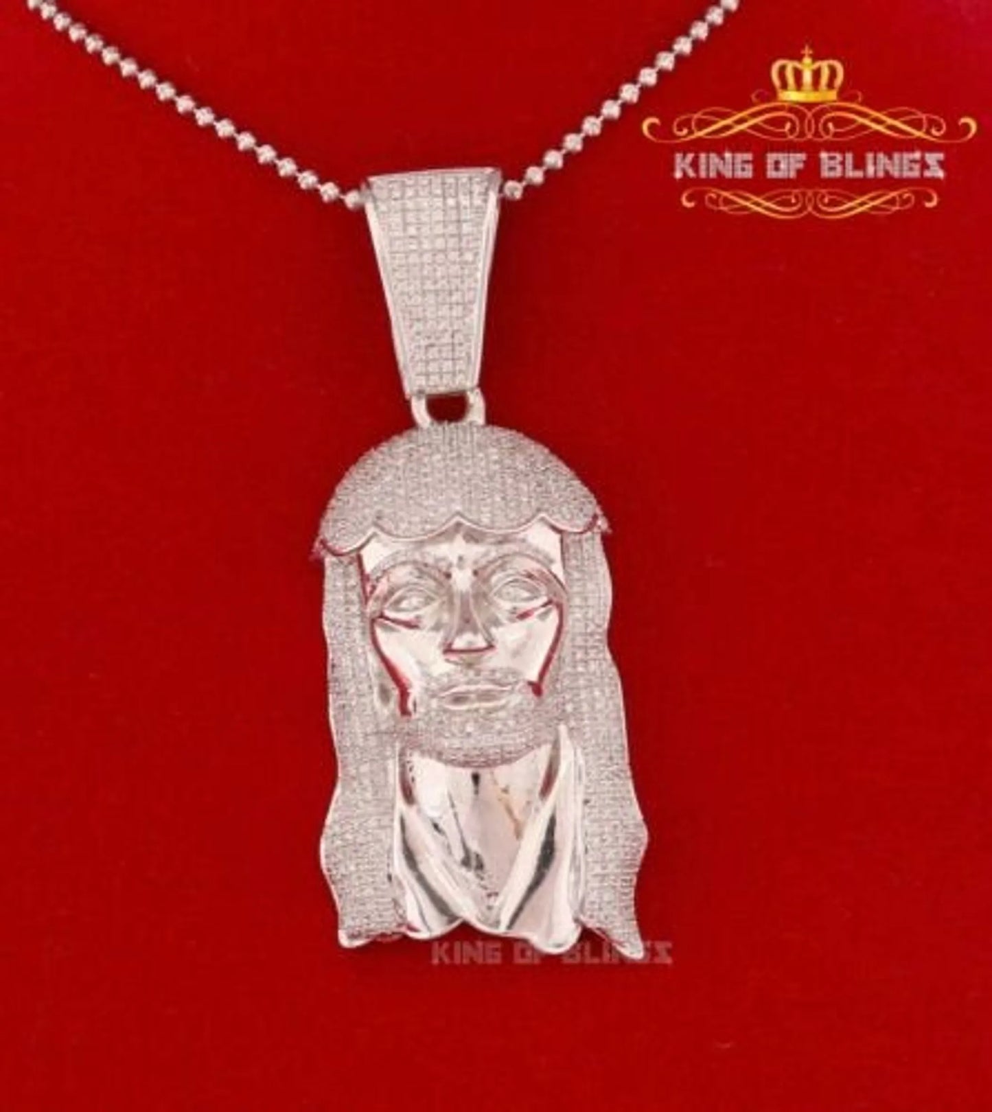 10K White Gold Finish Jesus Face Silver Pendant Charm with Diamond