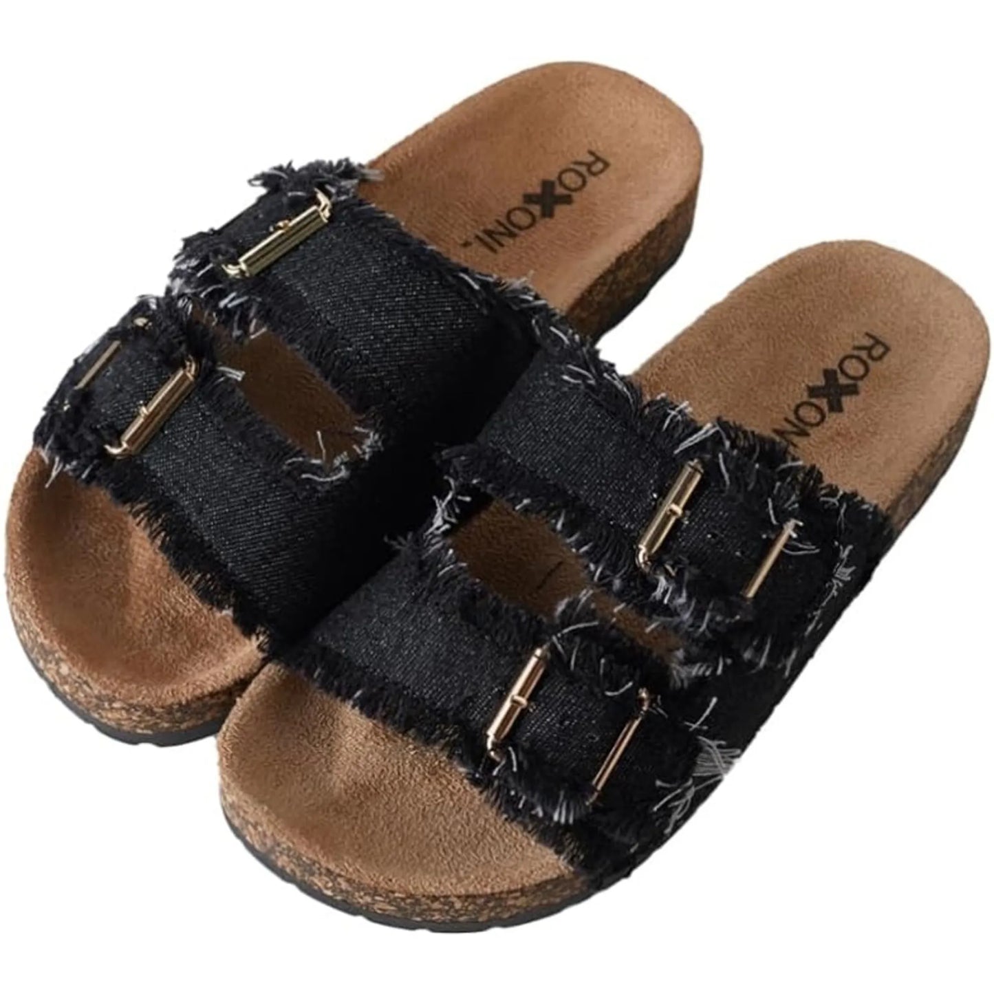 Womens Comfort Flat Sandals Double Buckle Adjustable Straps Flat Slides Footbed Suede