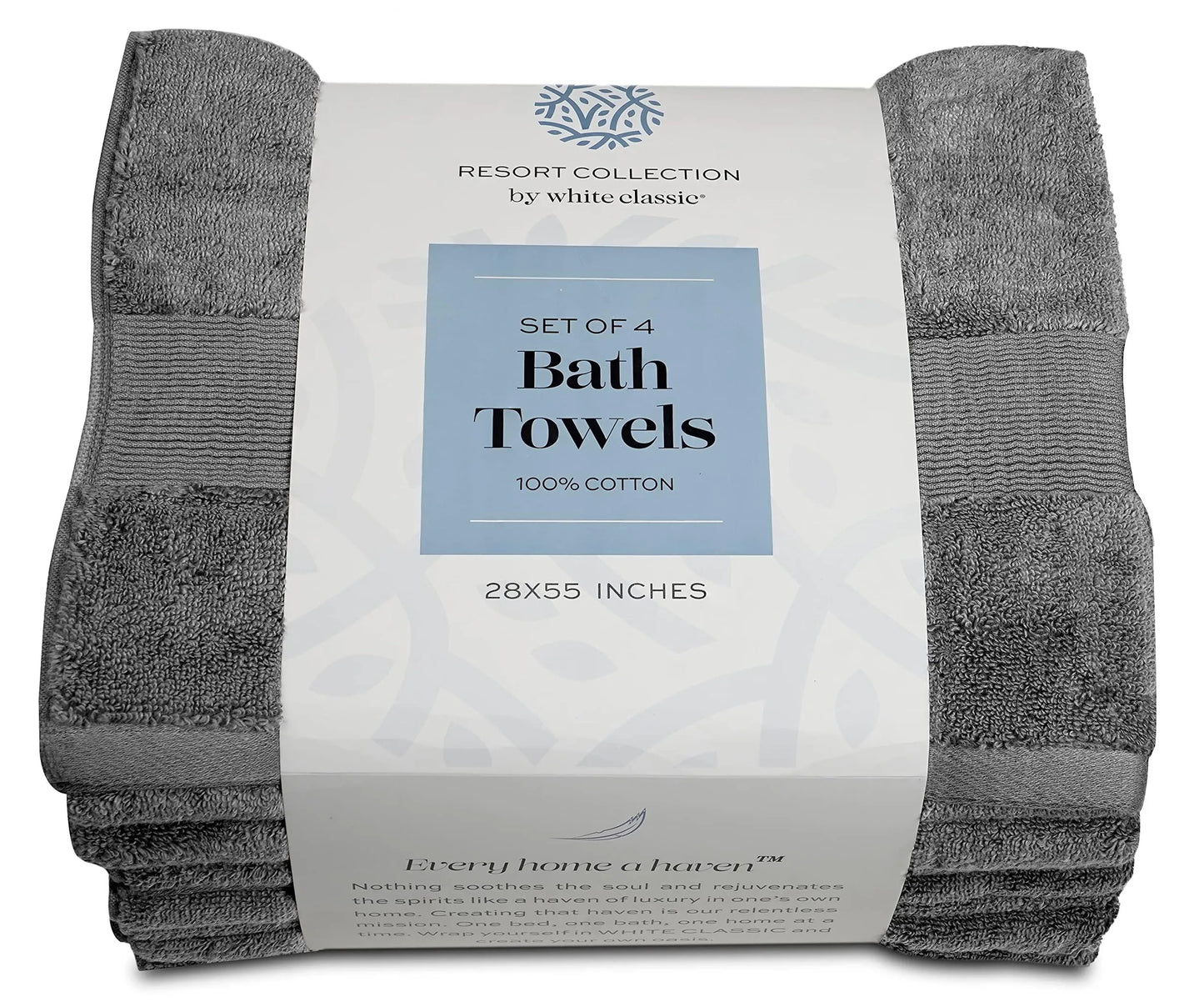 Resort Collection Soft Bath Towels 28x55 inch Luxury Hotel Plush & Absorbent Cotton Bath Towel Large 4 Pack Smoke Grey