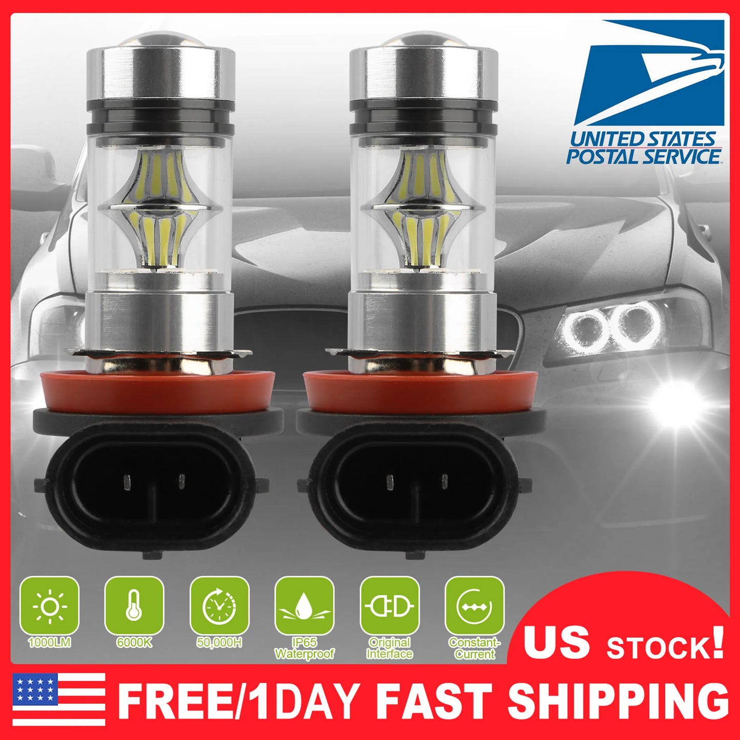 2PCS 1000lm 100W H8/H9/H11 LED Fog DRL Light Bulb