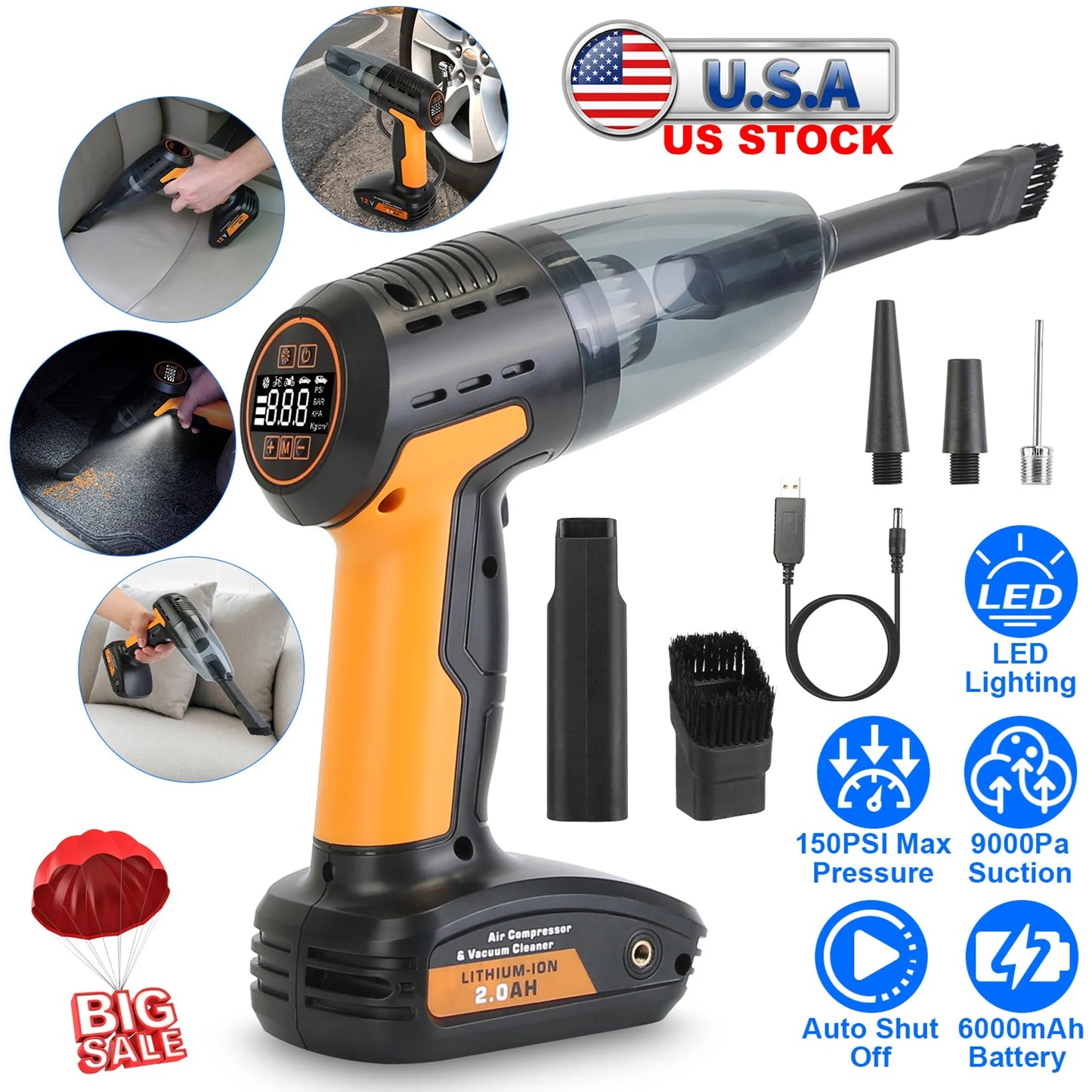 4 In 1 Cordless Car Vacuum Cleaner and Tire Inflator with LED Light