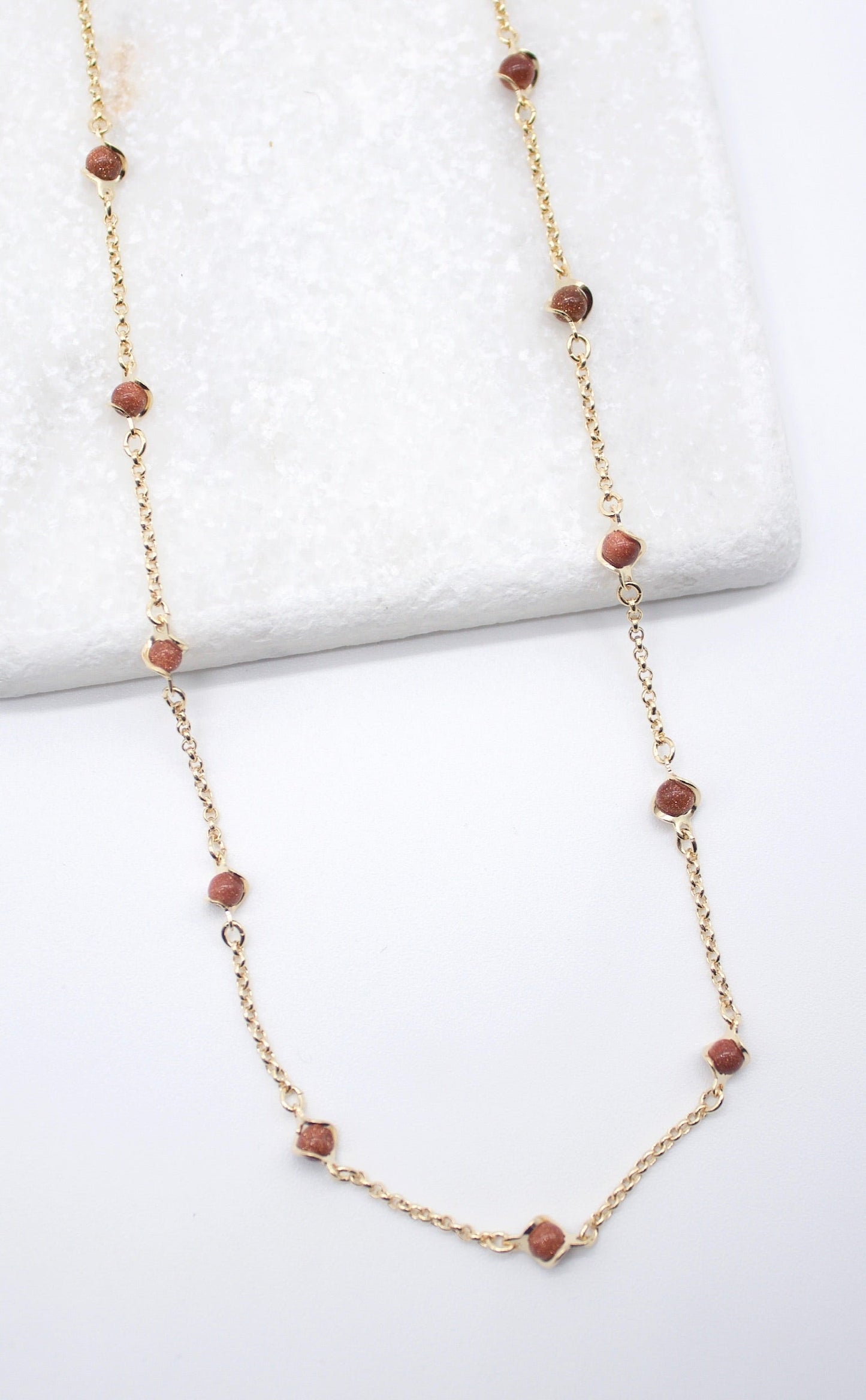 18K Gold Filled 16" Brown Aventurine Bead Chain Necklace-1