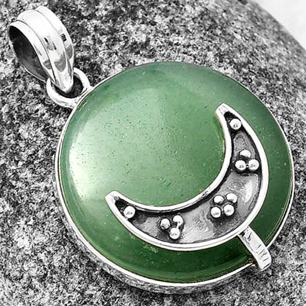 Green Aventurine 925 Sterling Silver Crescent Moon Pendant-2