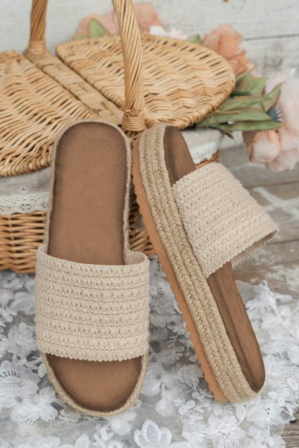 White Boho Woven Non-slip Wedge Slippers for Women Shoes Summer Vacation-2