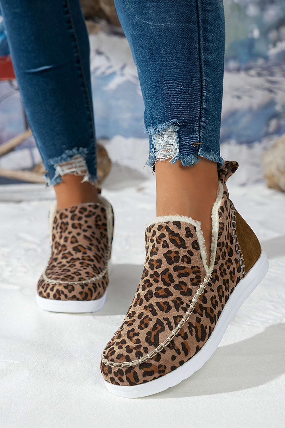 Women's Leopard Print Fur Lined Snow Boots Winter Fashion Flats