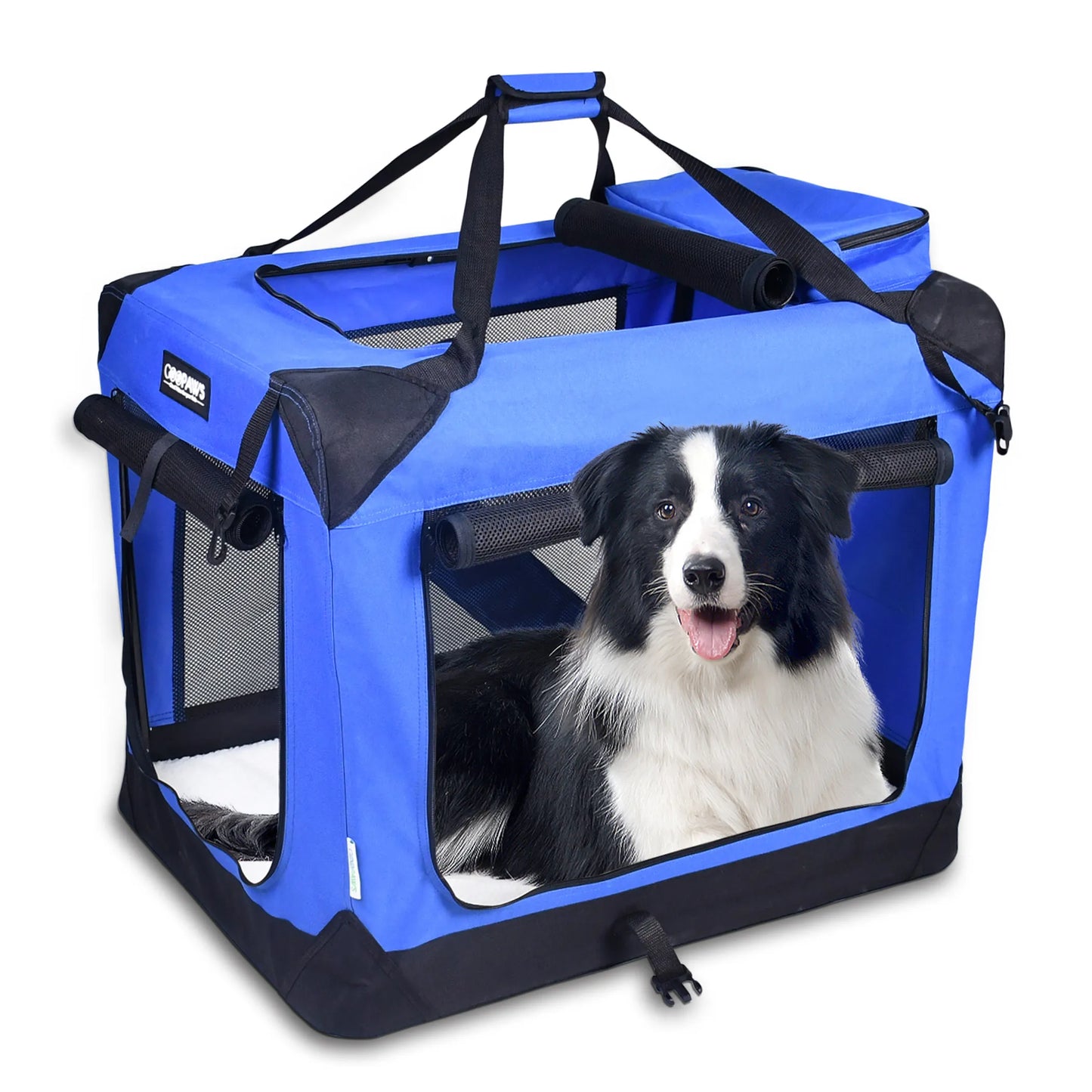 Soft Pet Crates Kennel, 3 Door Soft Sided Folding Travel Pet Carrier with Straps and Fleece Mat for Dogs, Cats, Rabbits, Indoor/Outdoor Use with Grey, Blue & Beige, Black
