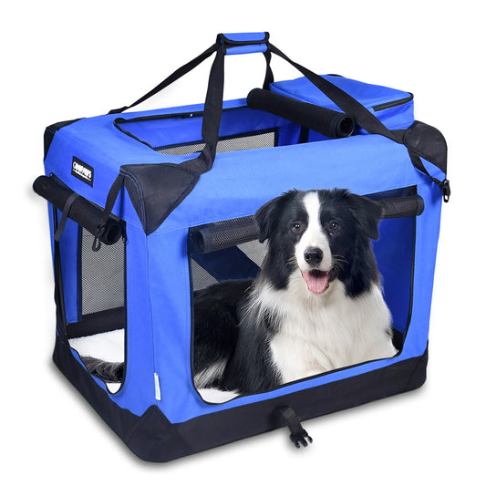 Soft Pet Crates Kennel, 3 Door Soft Sided Folding Travel Pet Carrier with Straps and Fleece Mat for Dogs, Cats, Rabbits, Indoor/Outdoor Use with Grey, Blue & Beige, Black