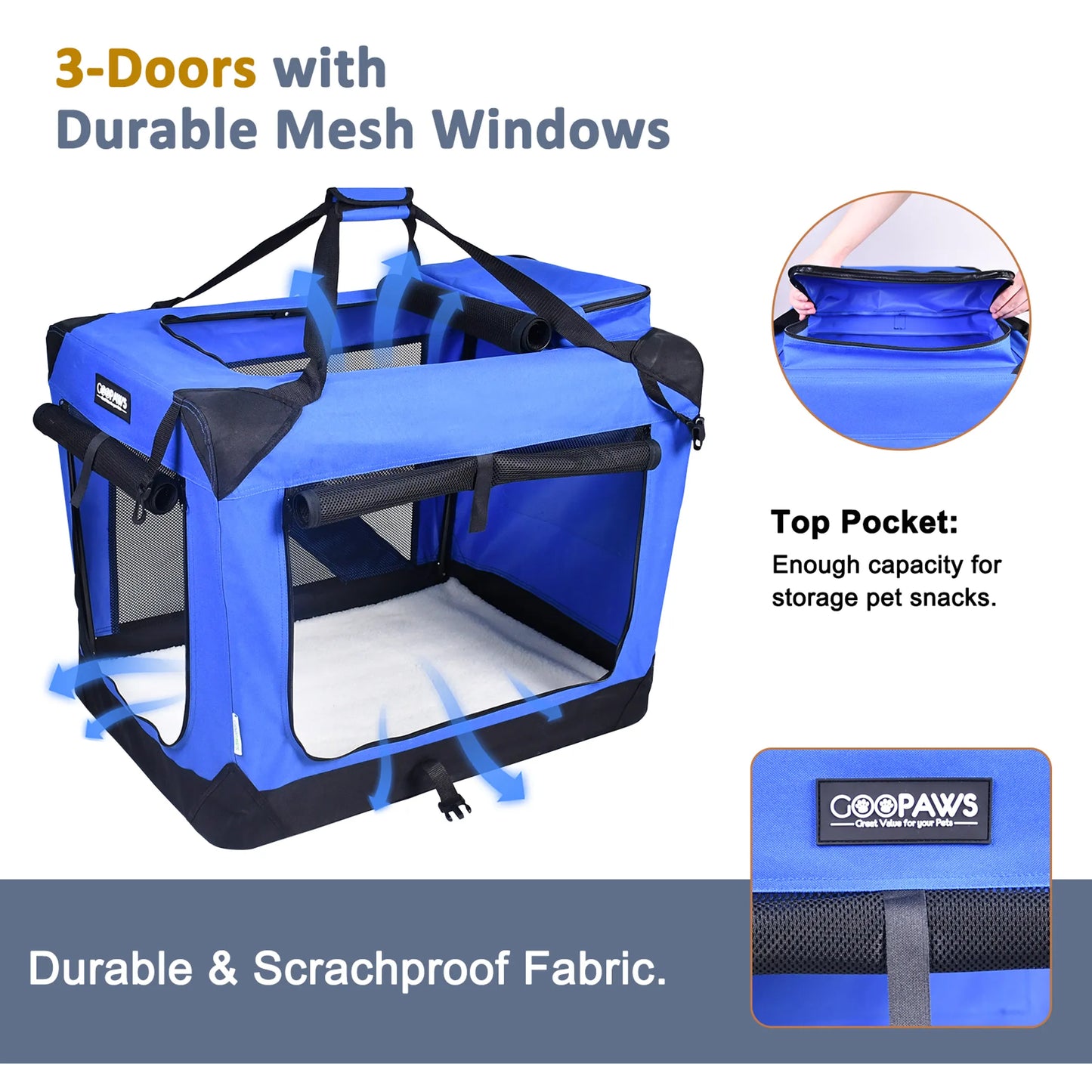 Soft Pet Crates Kennel, 3 Door Soft Sided Folding Travel Pet Carrier with Straps and Fleece Mat for Dogs, Cats, Rabbits, Indoor/Outdoor Use with Grey, Blue & Beige, Black