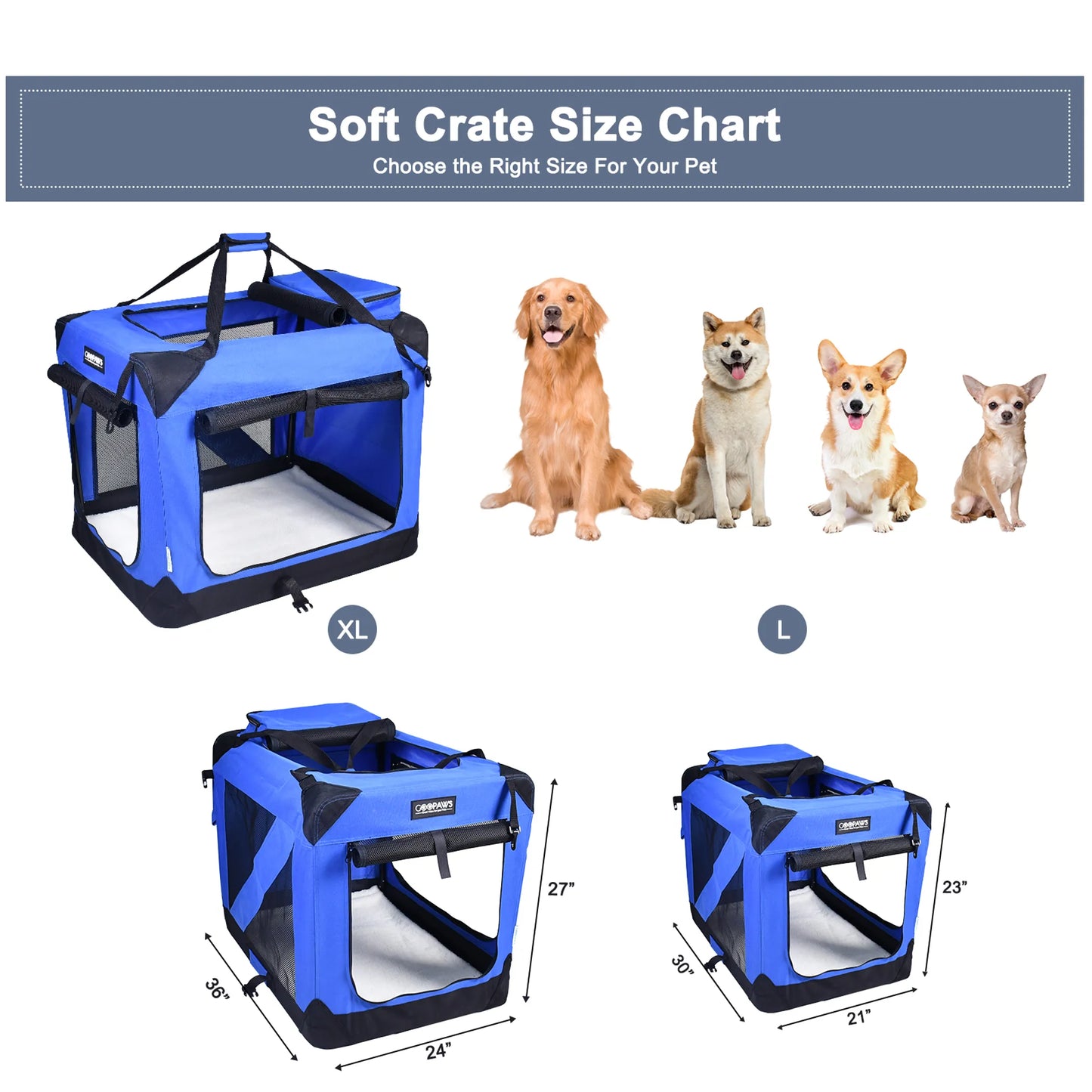 Soft Pet Crates Kennel, 3 Door Soft Sided Folding Travel Pet Carrier with Straps and Fleece Mat for Dogs, Cats, Rabbits, Indoor/Outdoor Use with Grey, Blue & Beige, Black