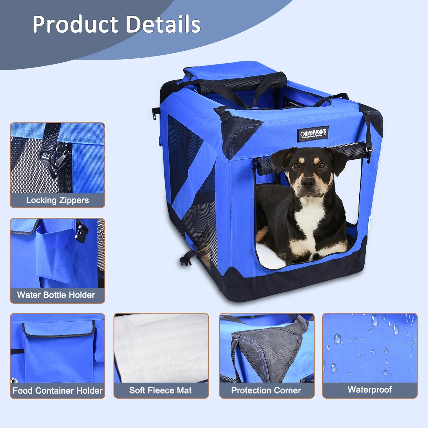 Soft Pet Crates Kennel, 3 Door Soft Sided Folding Travel Pet Carrier with Straps and Fleece Mat for Dogs, Cats, Rabbits, Indoor/Outdoor Use with Grey, Blue & Beige, Black