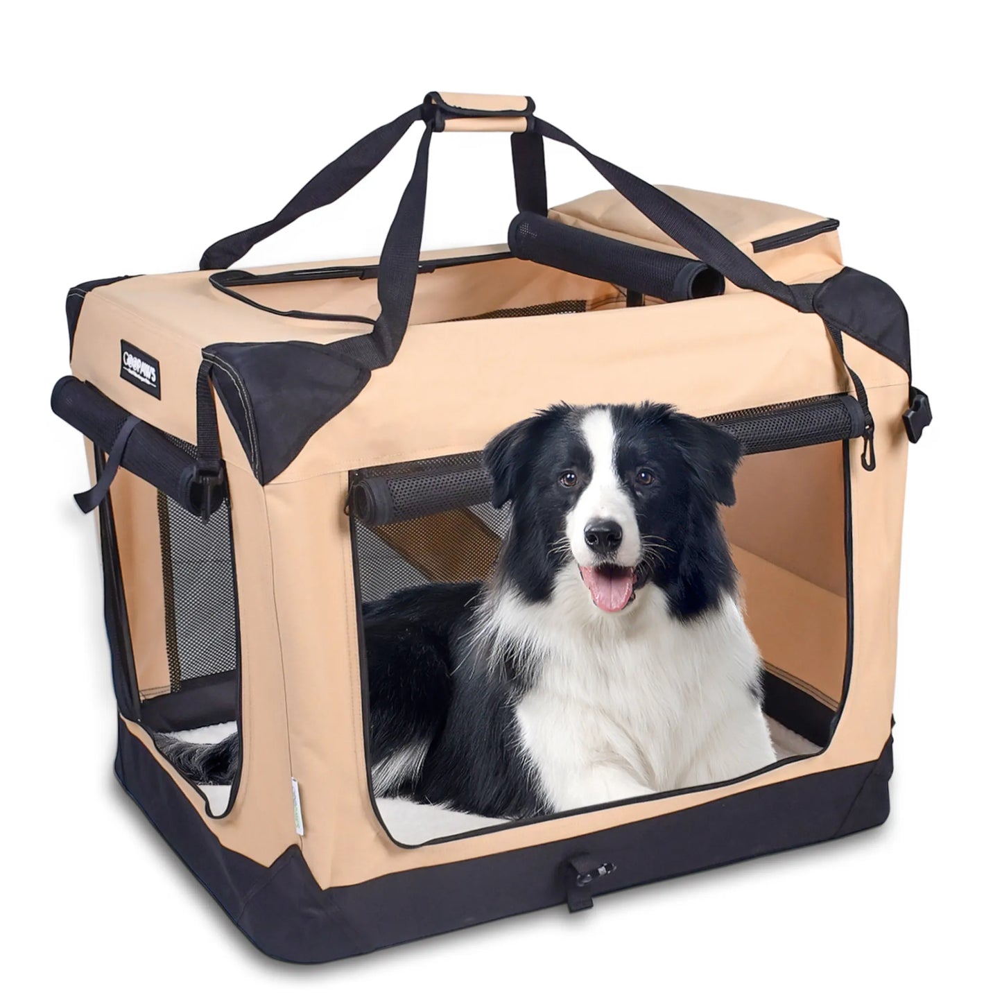 Soft Pet Crates Kennel, 3 Door Soft Sided Folding Travel Pet Carrier with Straps and Fleece Mat for Dogs, Cats, Rabbits, Indoor/Outdoor Use with Grey, Blue & Beige, Black