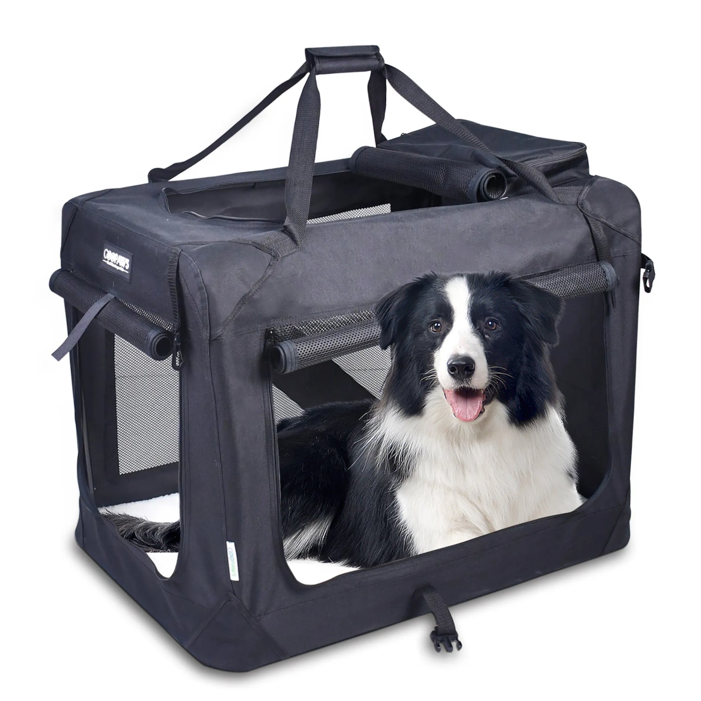 Soft Pet Crates Kennel, 3 Door Soft Sided Folding Travel Pet Carrier with Straps and Fleece Mat for Dogs, Cats, Rabbits, Indoor/Outdoor Use with Grey, Blue & Beige, Black
