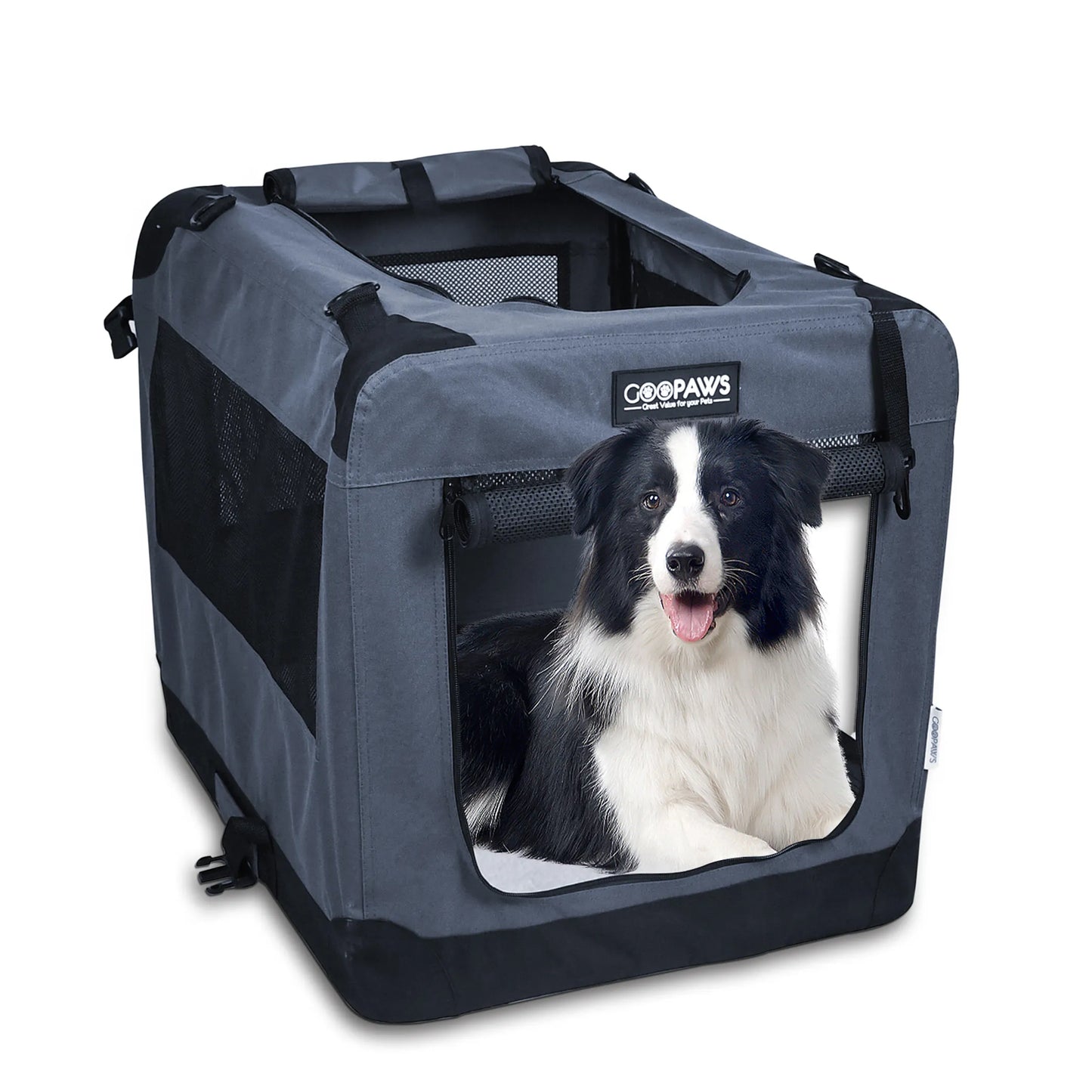 Soft Pet Crates Kennel, 3 Door Soft Sided Folding Travel Pet Carrier with Straps and Fleece Mat for Dogs, Cats, Rabbits, Indoor/Outdoor Use with Grey, Blue & Beige, Black