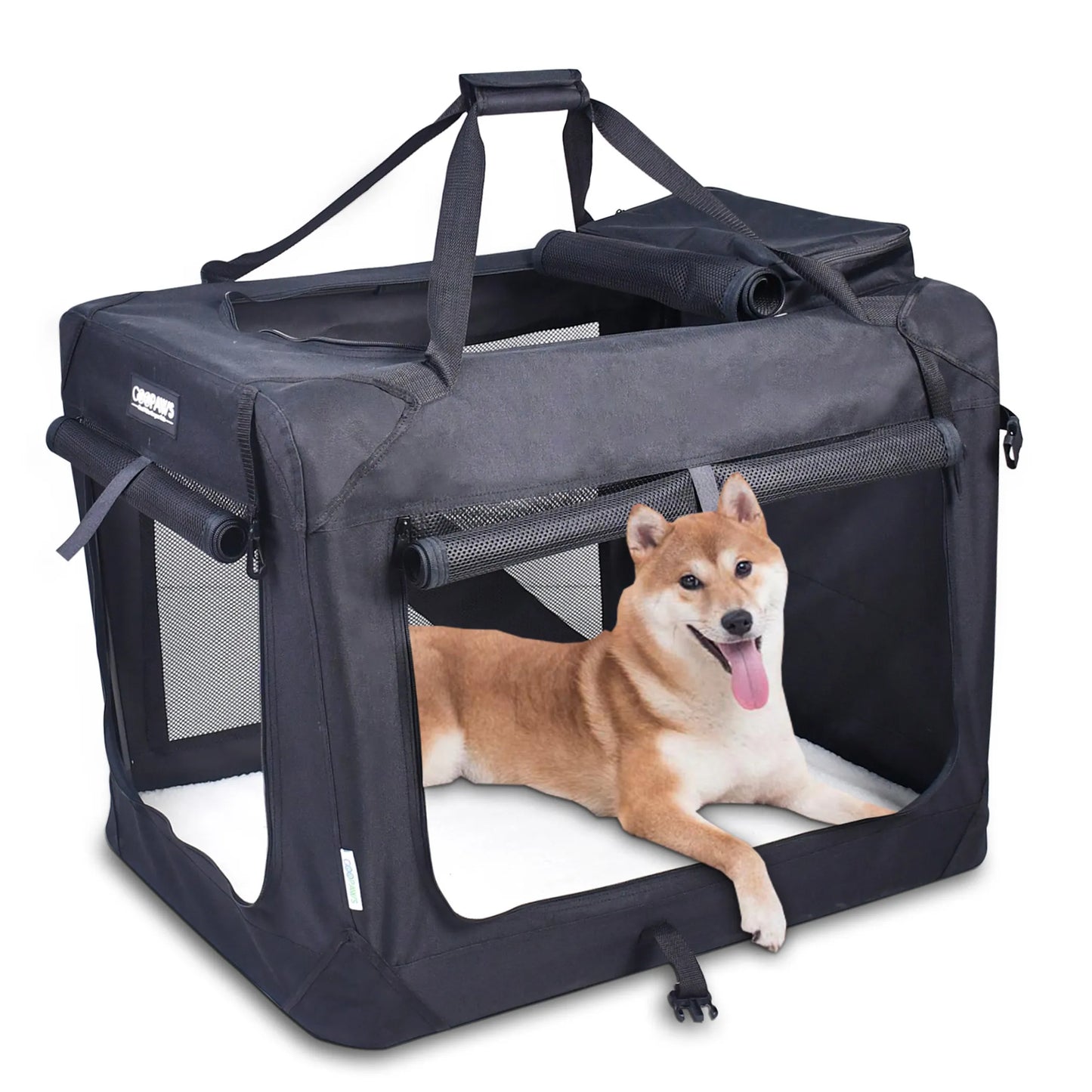 Soft Pet Crates Kennel, 3 Door Soft Sided Folding Travel Pet Carrier with Straps and Fleece Mat for Dogs, Cats, Rabbits, Indoor/Outdoor Use with Grey, Blue & Beige, Black