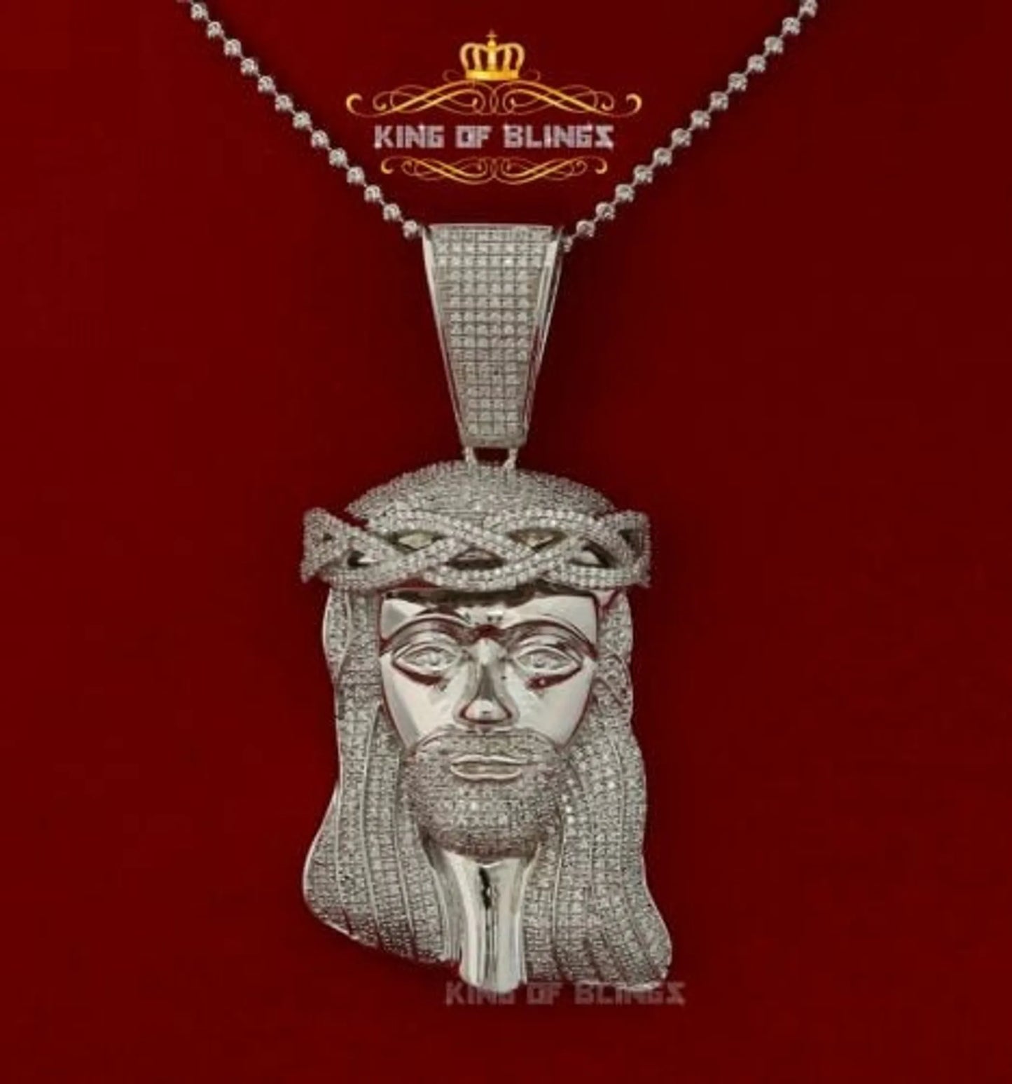 10K White Gold Finish Jesus Face Silver Pendant Charm with Diamond