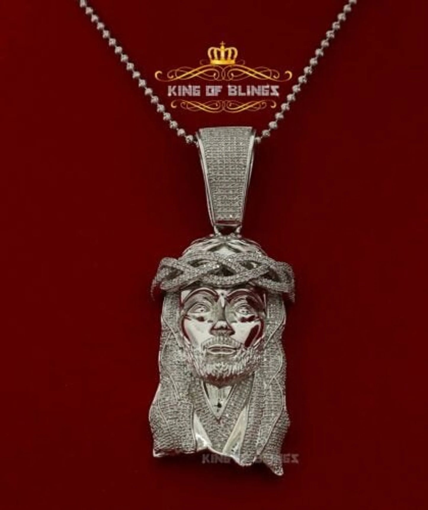10K White Gold Finish Jesus Face Silver Pendant Charm with Diamond