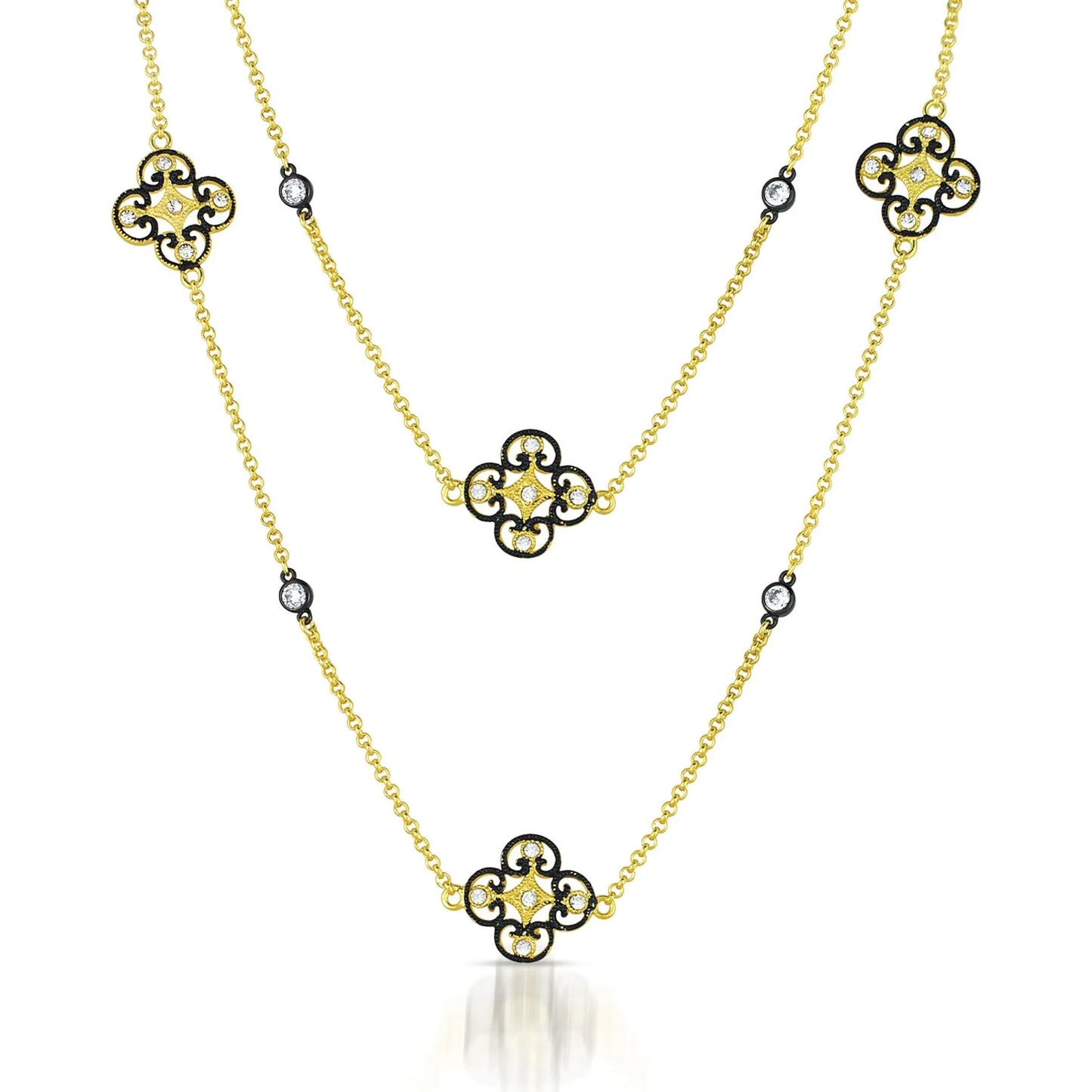 Collette Z Sterling Silver Cubic Zirconia Clover Station Art Deco Necklace