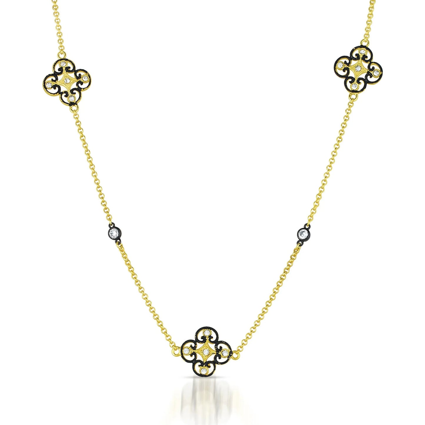 Collette Z Sterling Silver Cubic Zirconia Clover Station Art Deco Necklace