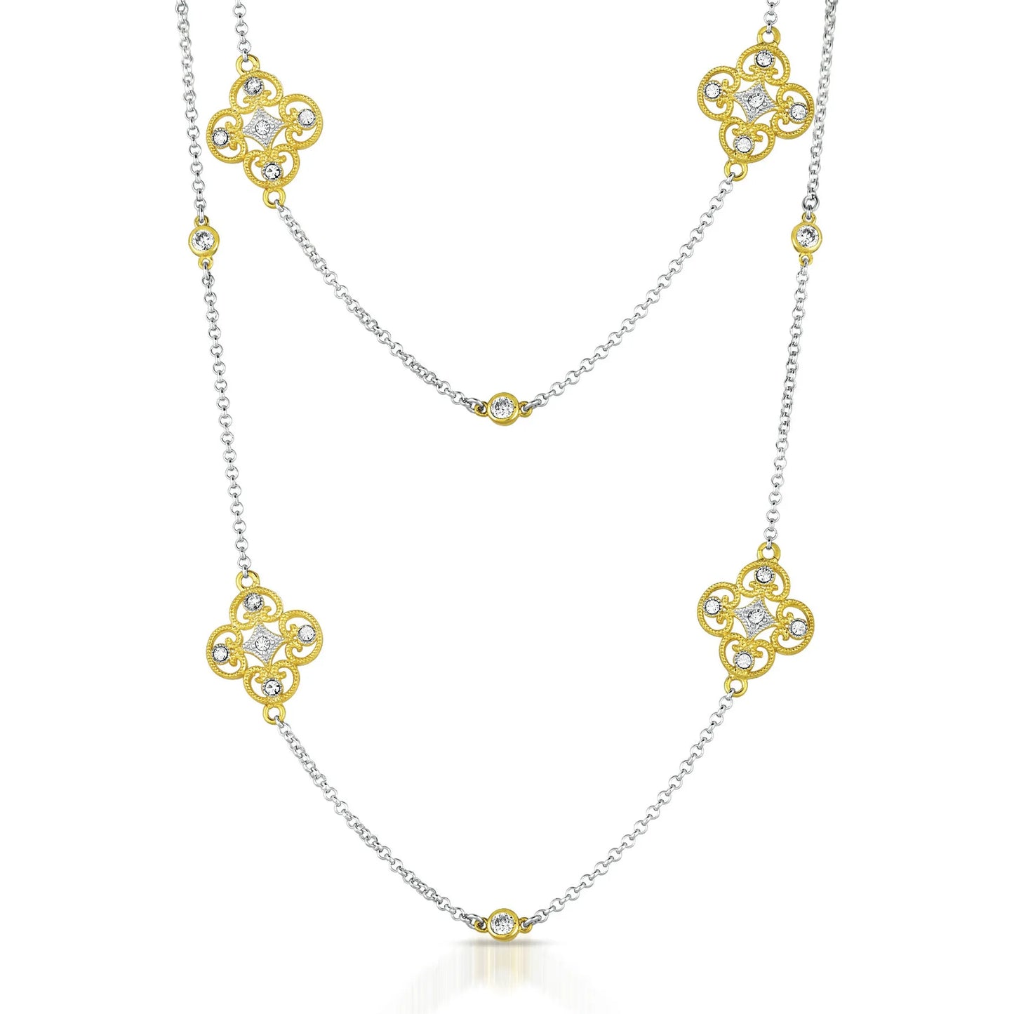 Collette Z Sterling Silver Cubic Zirconia Clover Station Art Deco Necklace