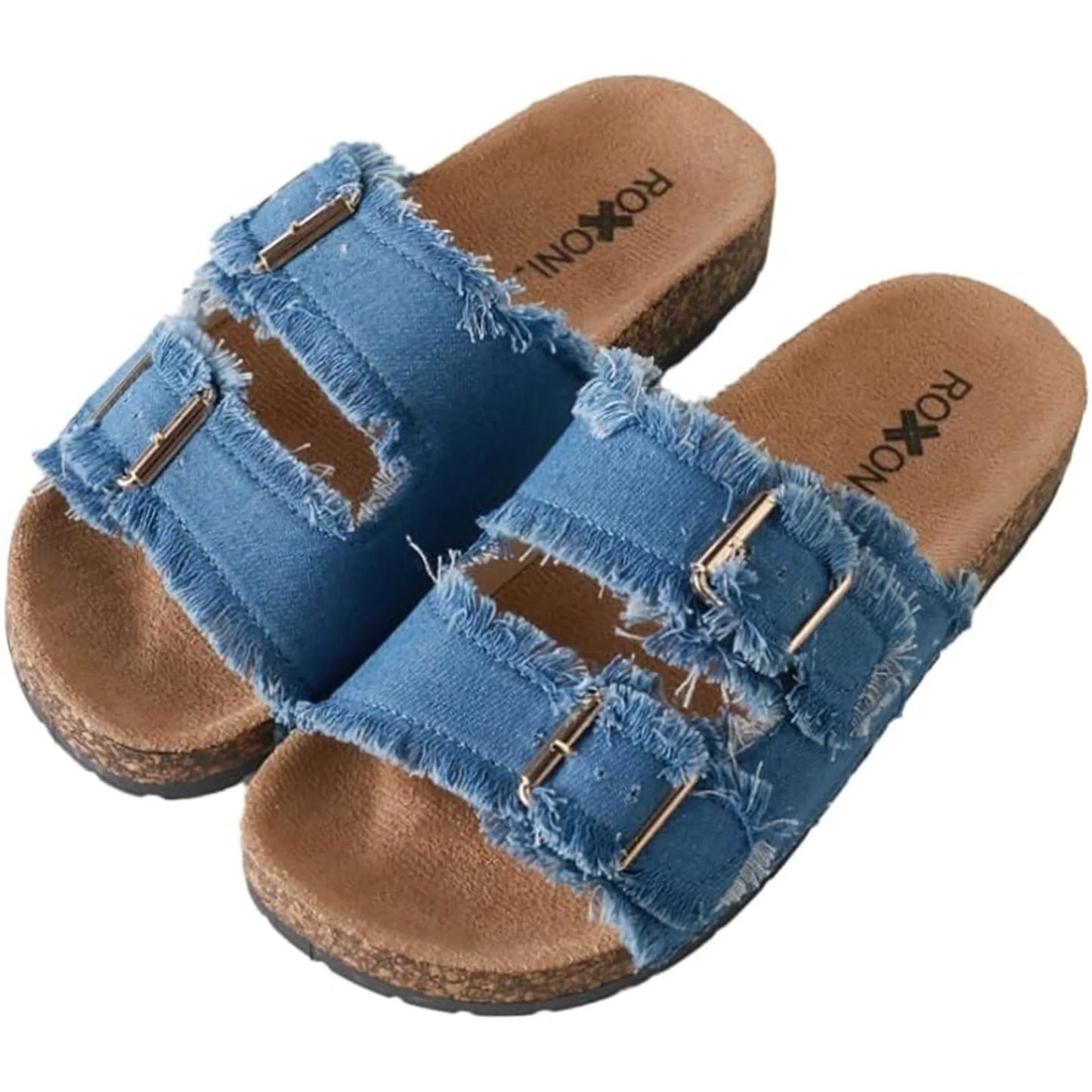 Womens Comfort Flat Sandals Double Buckle Adjustable Straps Flat Slides Footbed Suede