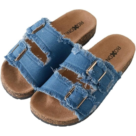 Womens Comfort Flat Sandals Double Buckle Adjustable Straps Flat Slides Footbed Suede