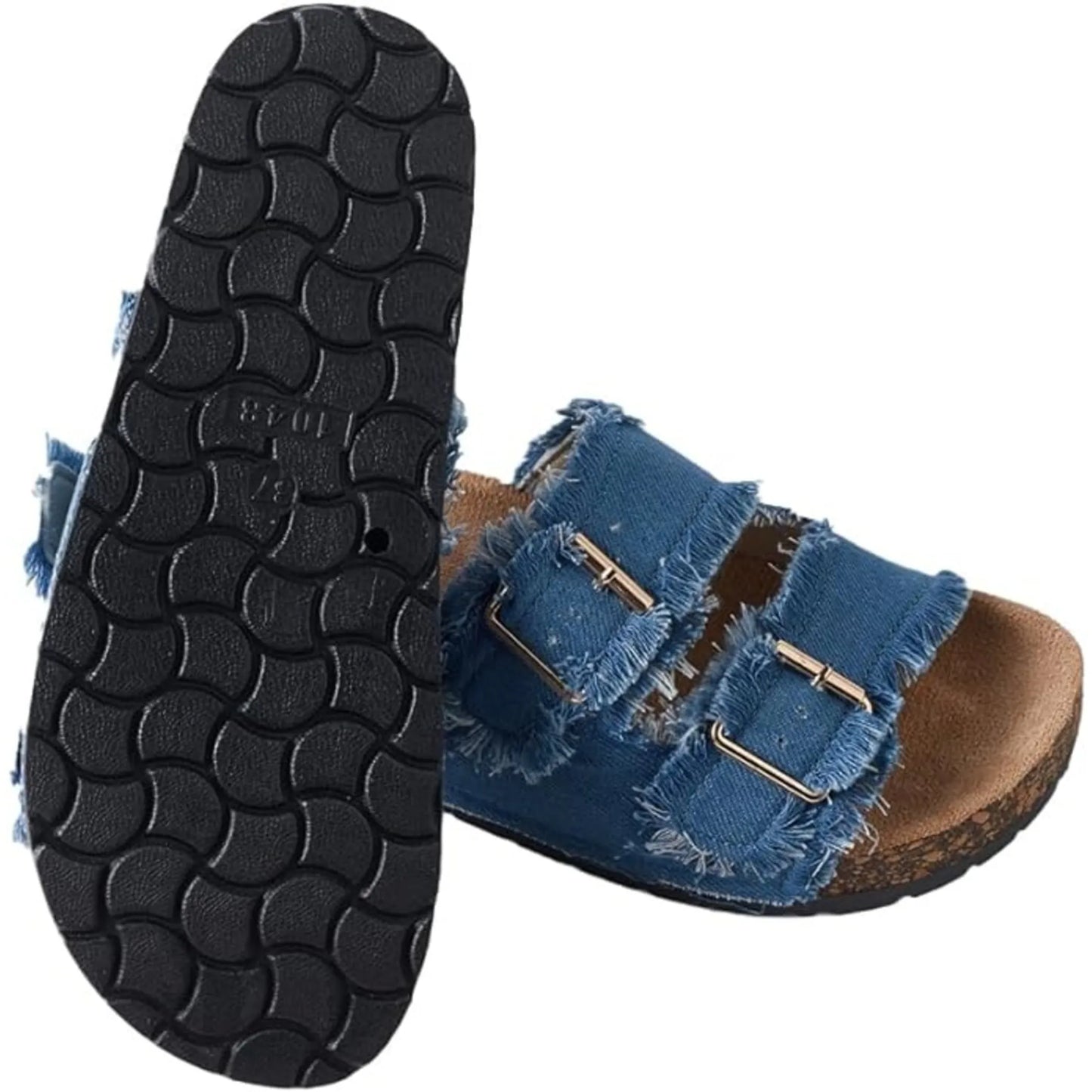 Womens Comfort Flat Sandals Double Buckle Adjustable Straps Flat Slides Footbed Suede
