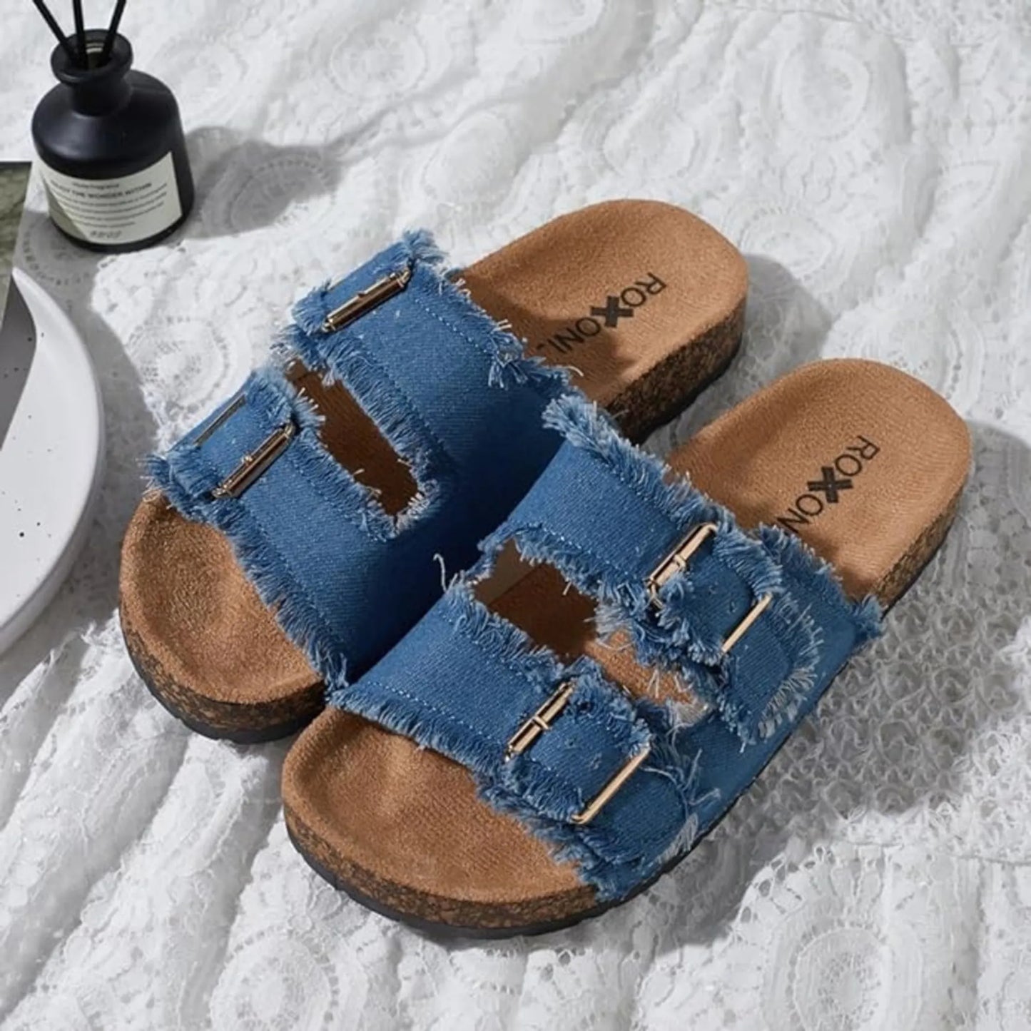 Womens Comfort Flat Sandals Double Buckle Adjustable Straps Flat Slides Footbed Suede