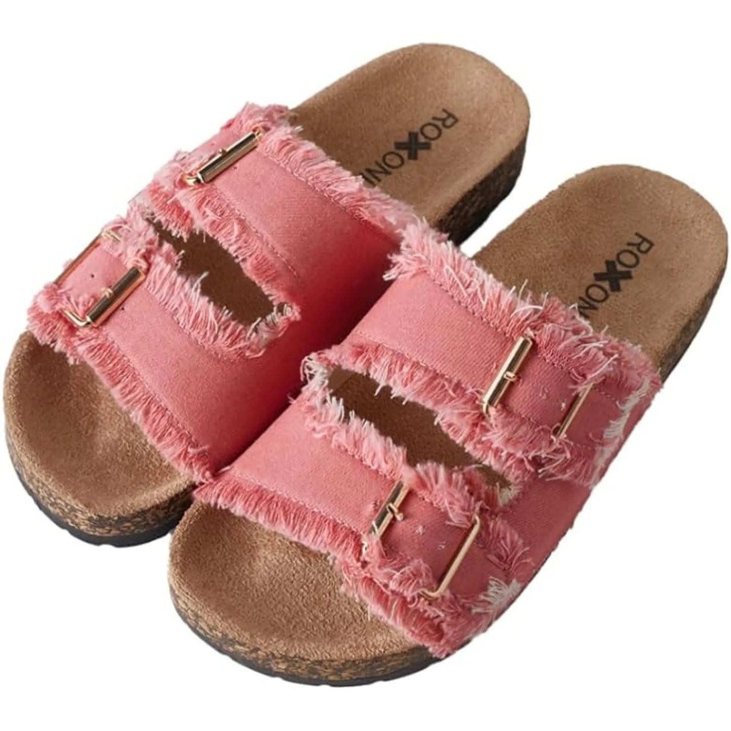 Womens Comfort Flat Sandals Double Buckle Adjustable Straps Flat Slides Footbed Suede