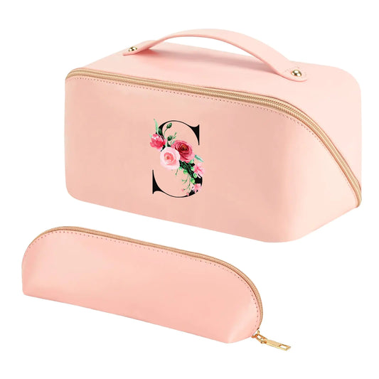 Personalized Initial Makeup Bag Travel Cosmetic Bag with Brush Bag for Women Large Capacity Portable Toiletry Bag Make Up Organizer