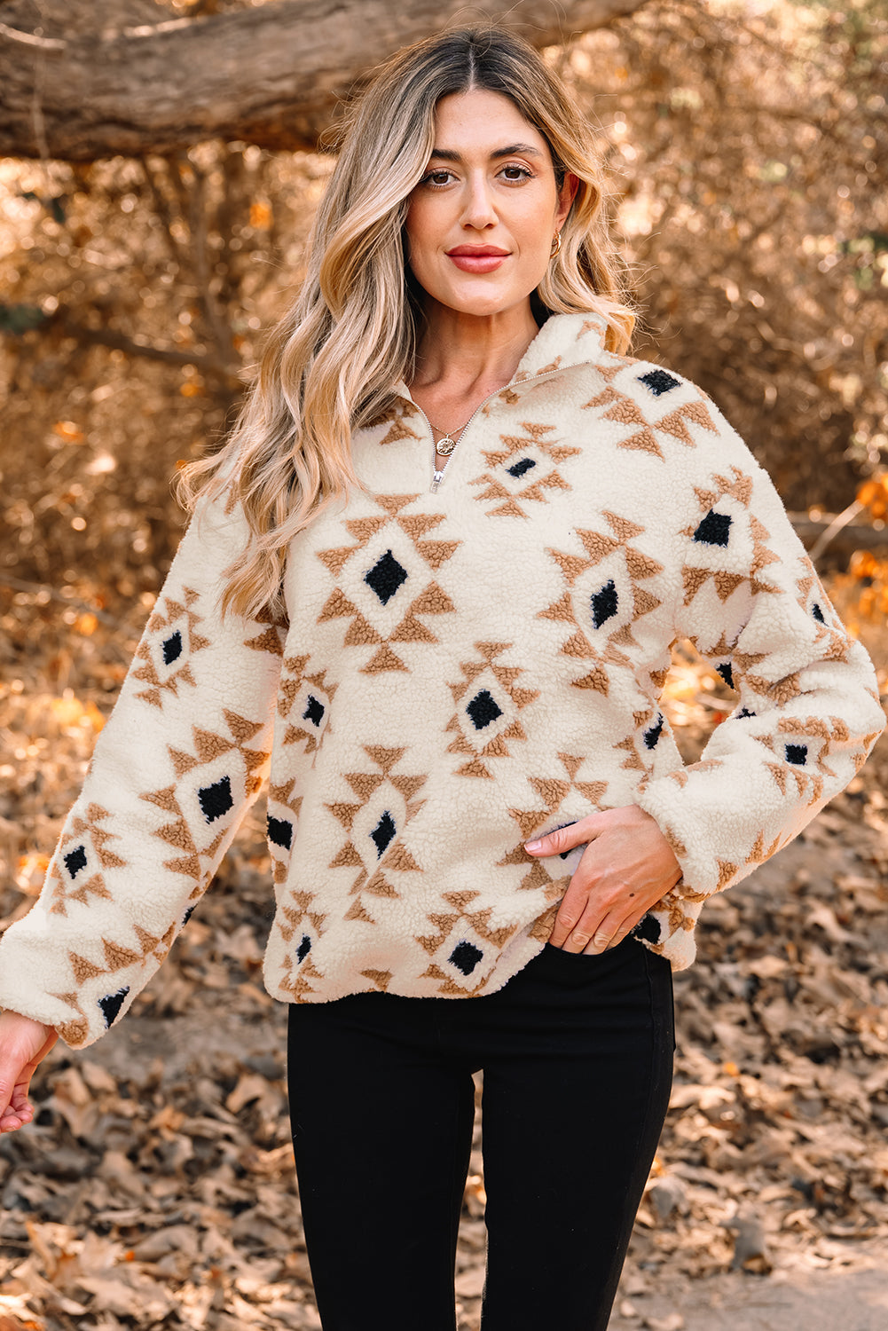 Aztec Print Sherpa Quarter Zip Sweatshirt Women's Relaxed Fit-3