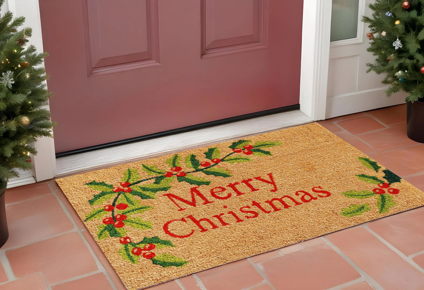 Natural Red and Green Coir Merry Christmas Outdoor Christmas Door Mat