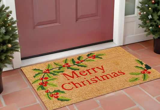 Natural Red and Green Coir Merry Christmas Outdoor Christmas Door Mat