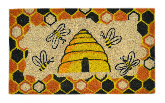 Beige and Orange Coir Bees Outdoor Spring Door Mat