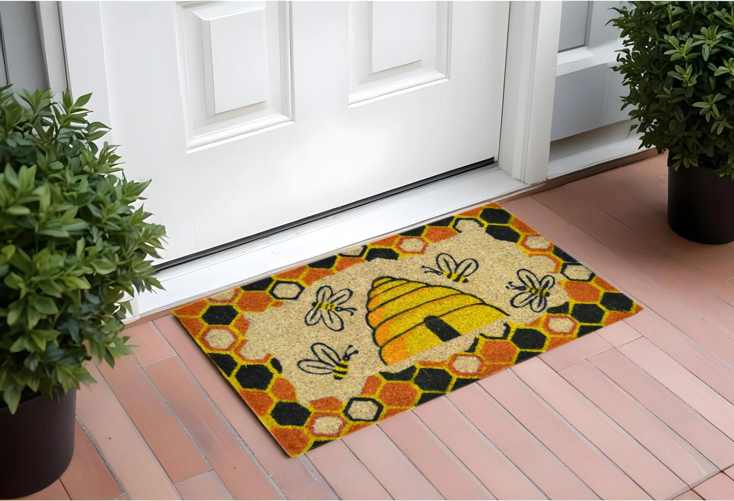 Beige and Orange Coir Bees Outdoor Spring Door Mat
