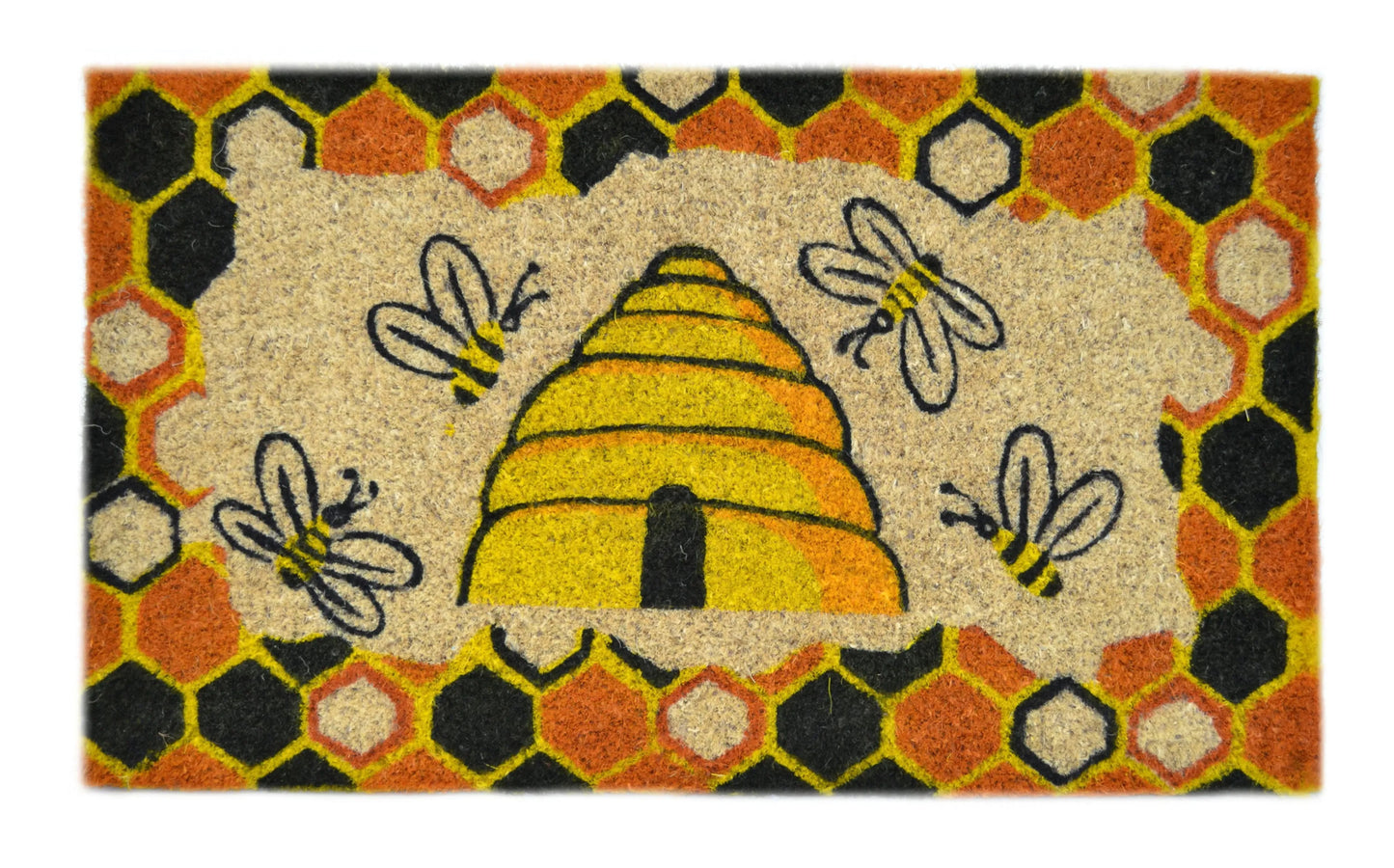 Beige and Orange Coir Bees Outdoor Spring Door Mat