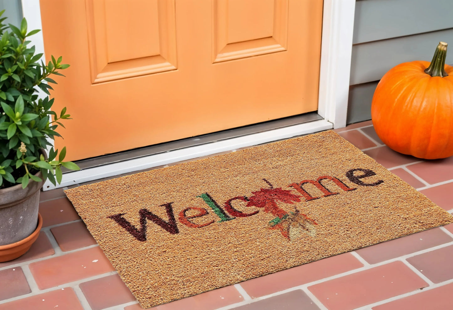 17" X 29" Natural And Orange Fall Leaves Welcome Coir Outdoor Door Mat
