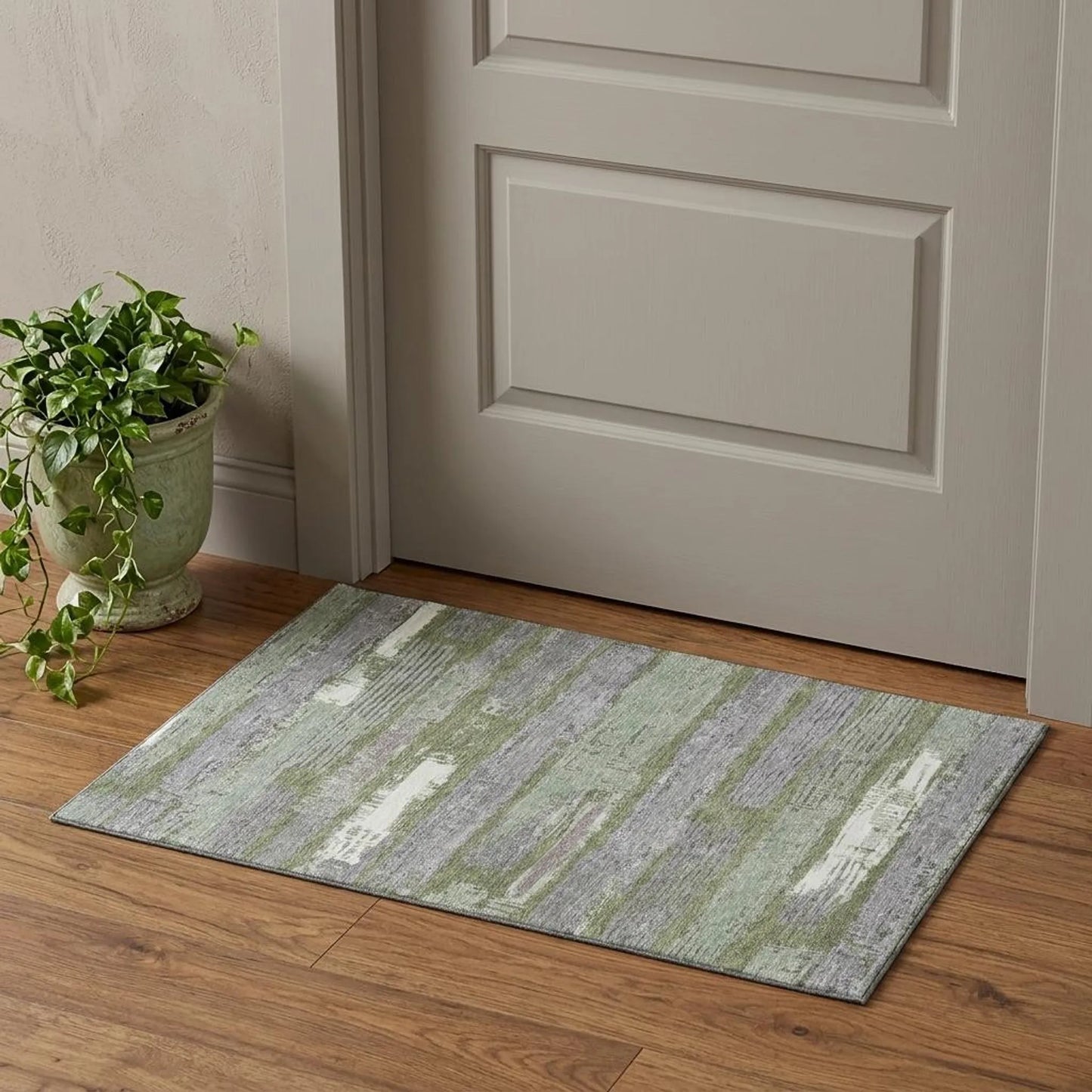 3' X 5' Olive Green Gray And Silver Striped Washable Area Rug With UV Protection