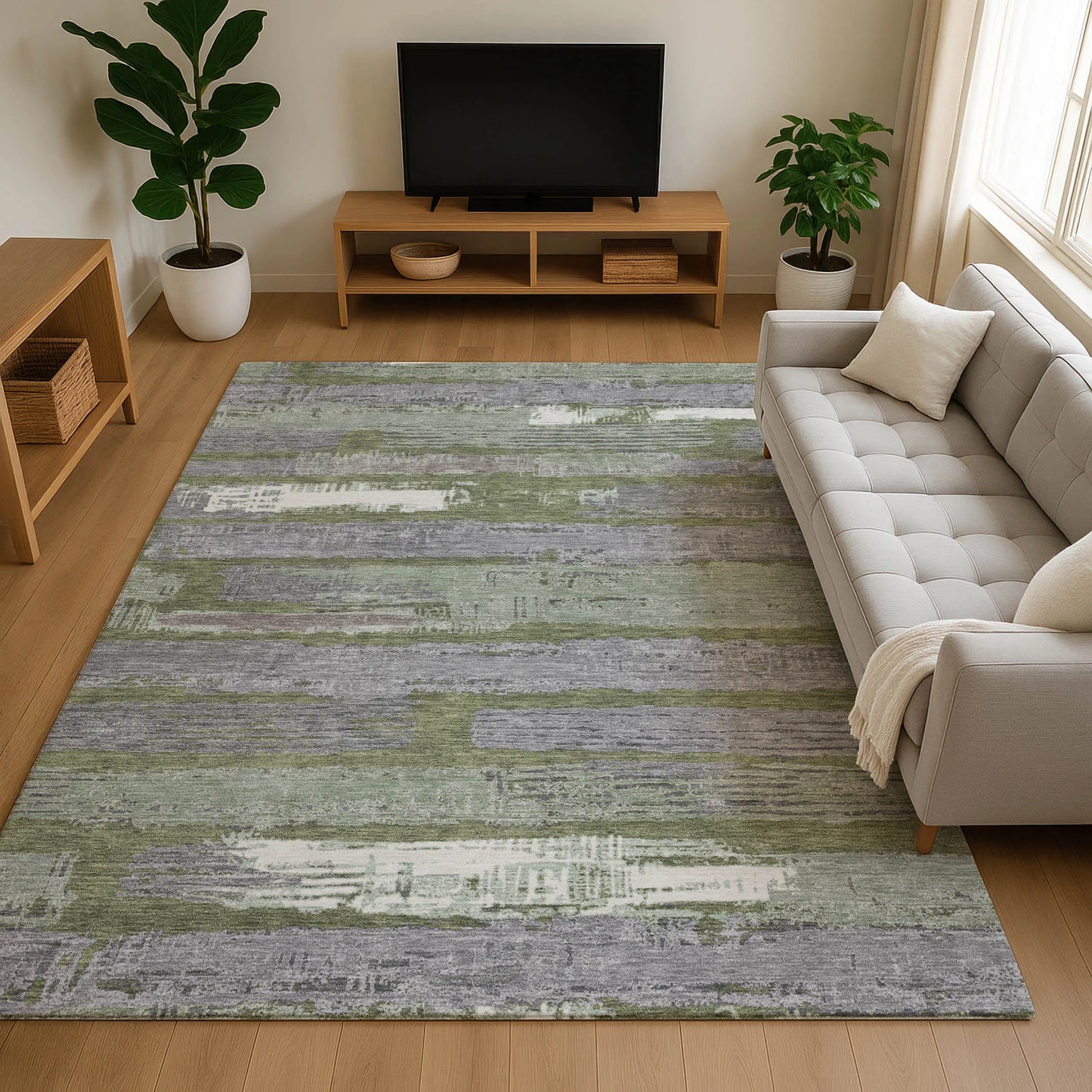 3' X 5' Olive Green Gray And Silver Striped Washable Area Rug With UV Protection
