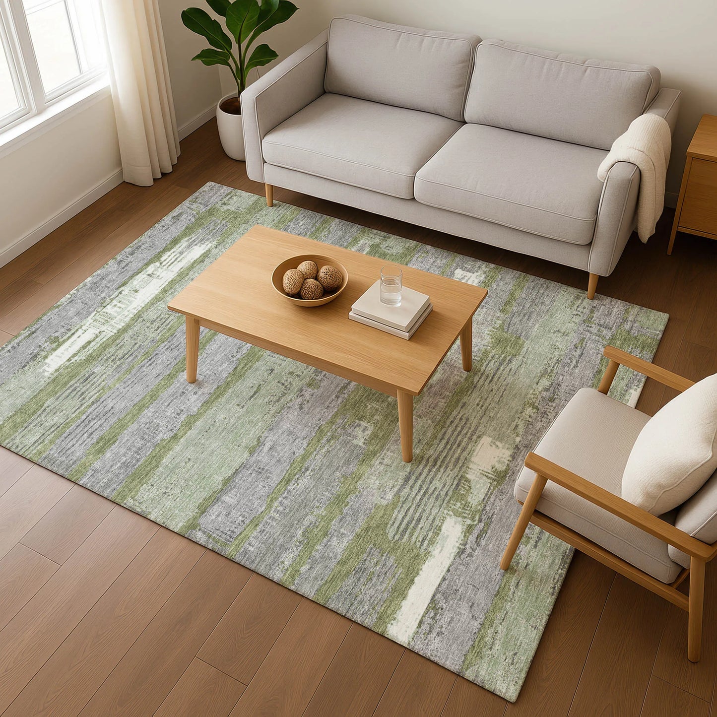 3' X 5' Olive Green Gray And Silver Striped Washable Area Rug With UV Protection