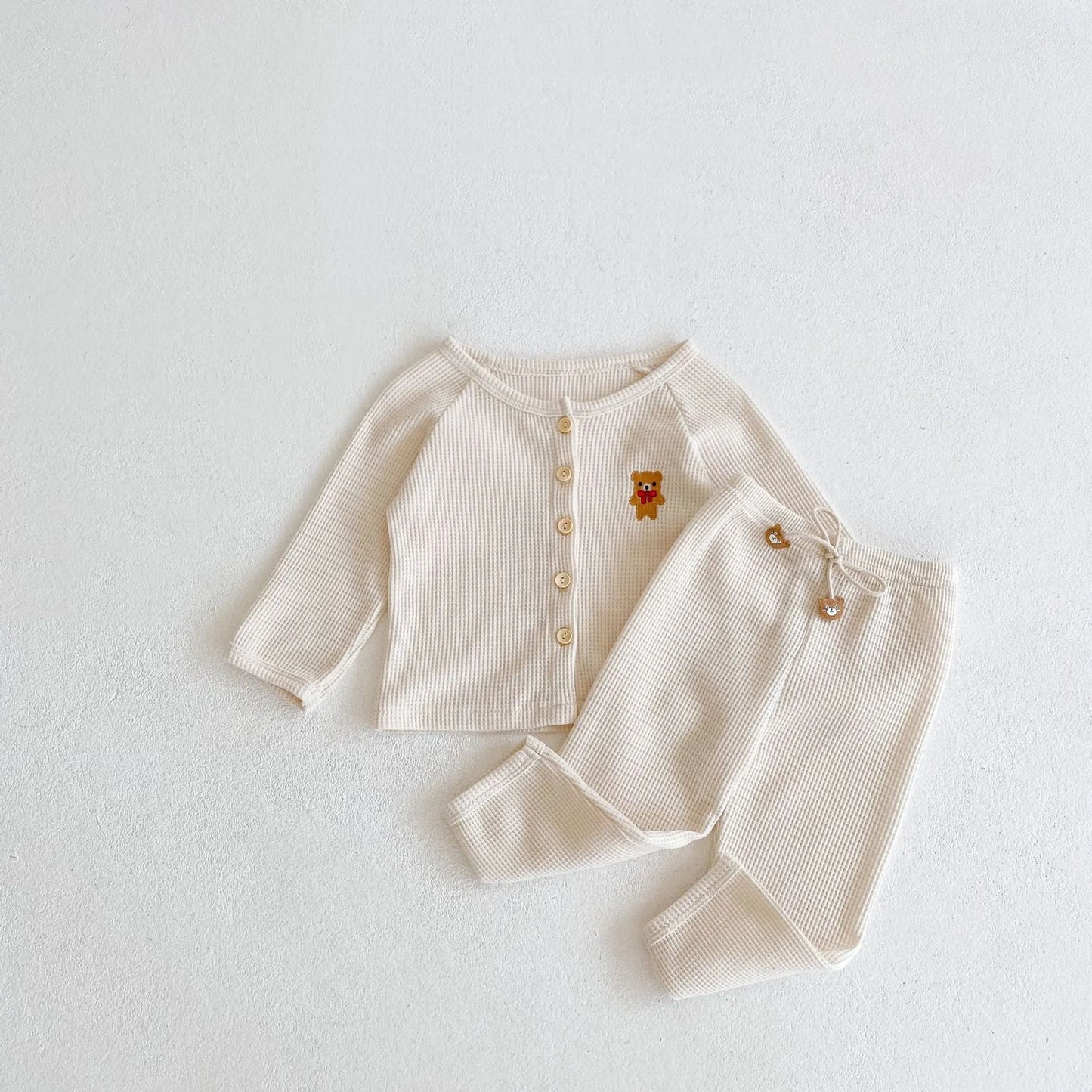 Baby Cartoon Bear Embroide Graphic Button Front Waffle Knitted Cardigan Combo Pants Sets