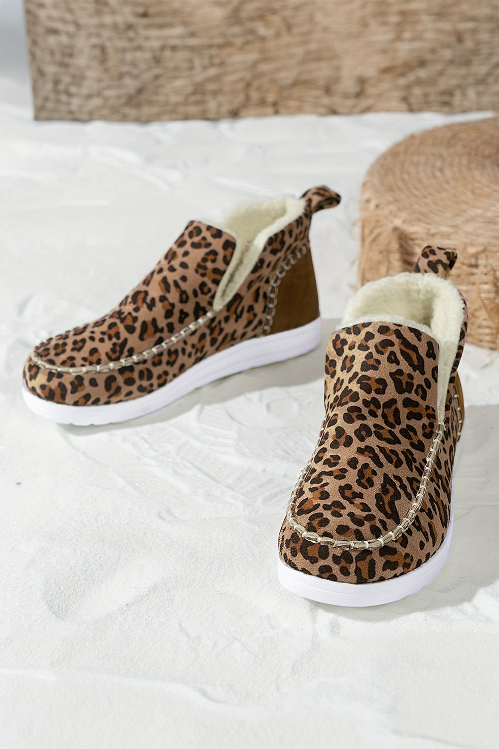 Women's Leopard Print Fur Lined Snow Boots Winter Fashion Flats