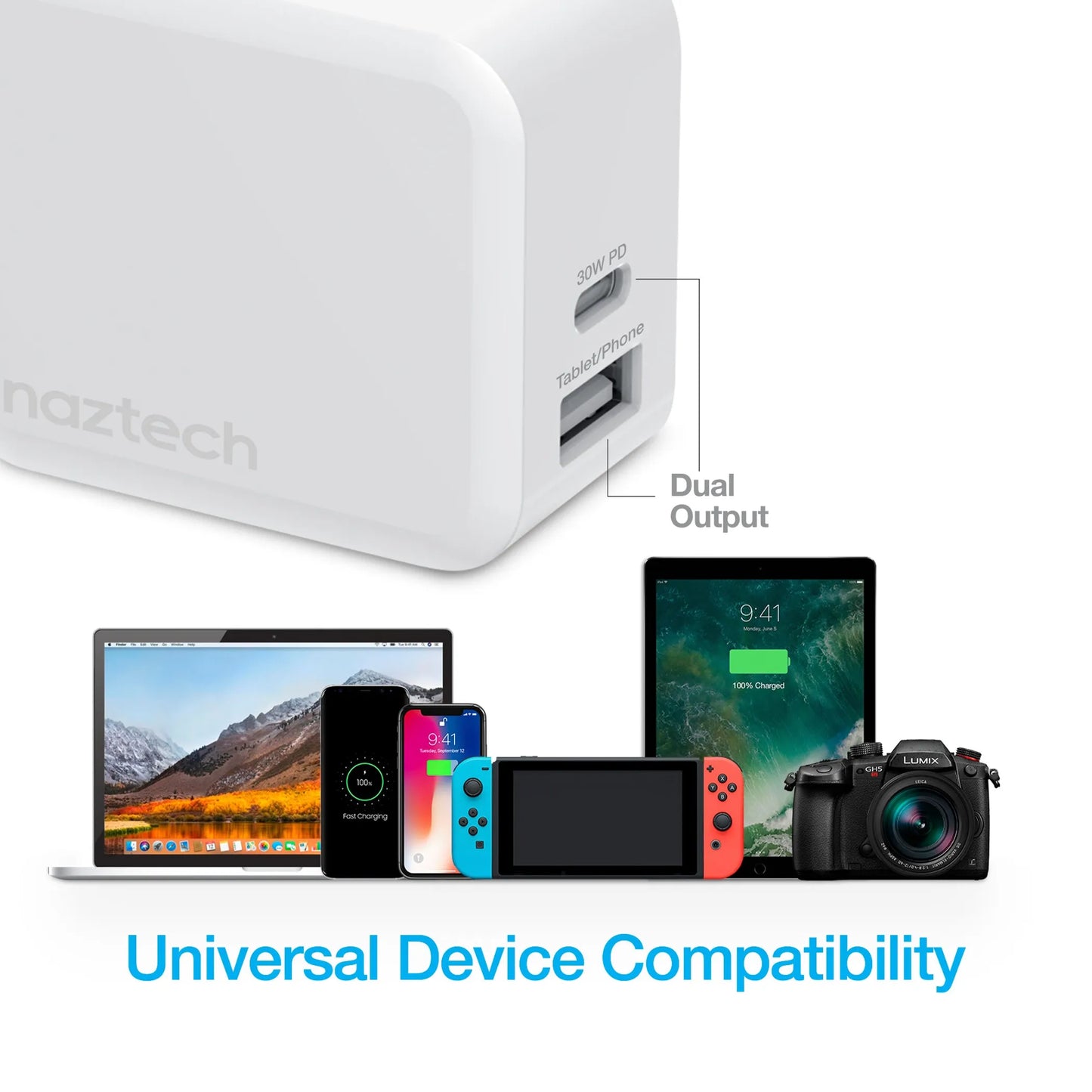 Naztech 30W USB-C PD Dual Output Fast Wall Charger White