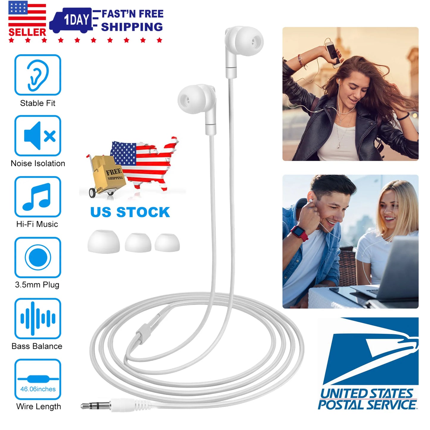 Aux Earphone 3.5mm Aux Wired Headphones Noise Isolating In-ear Earbuds