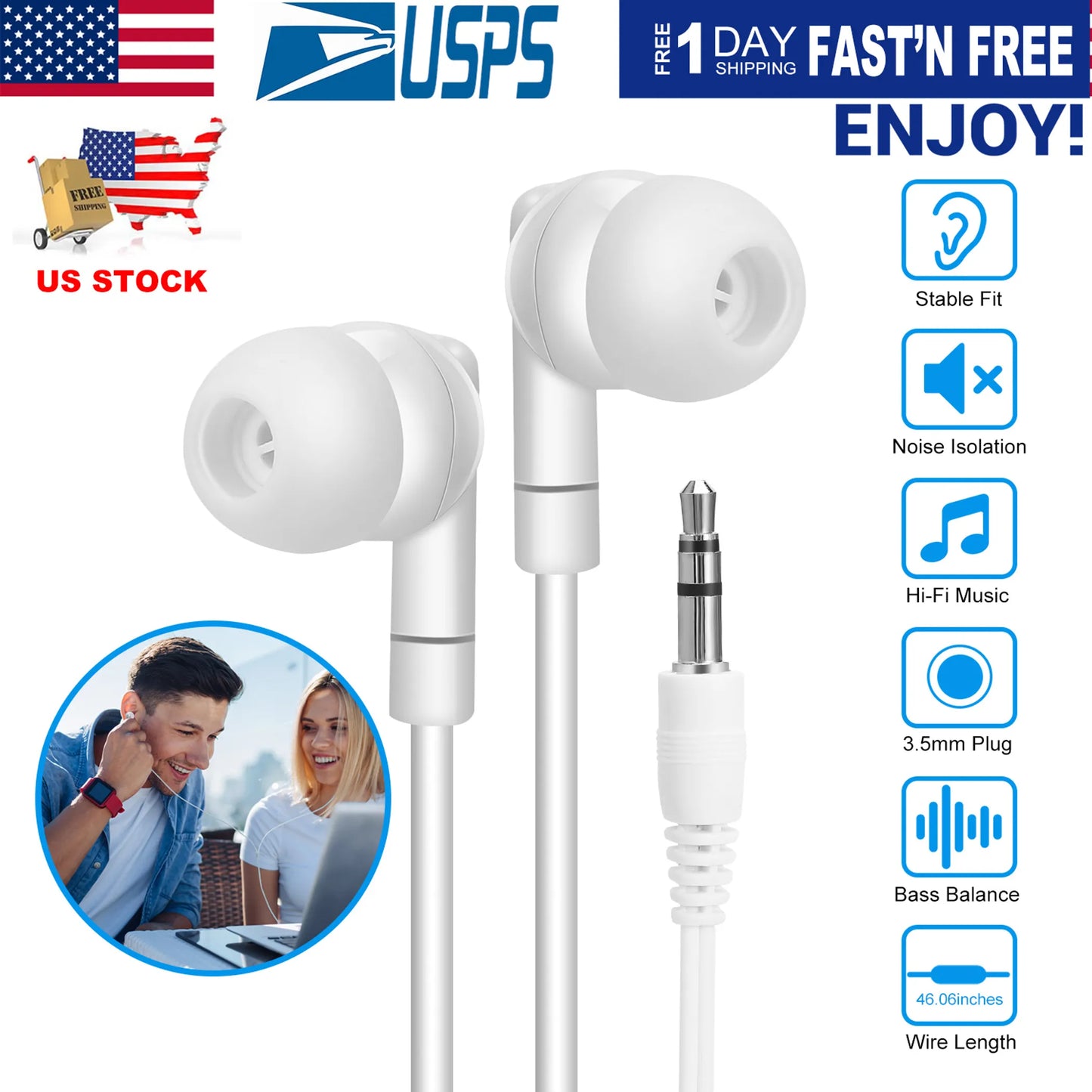 Aux Earphone 3.5mm Aux Wired Headphones Noise Isolating In-ear Earbuds