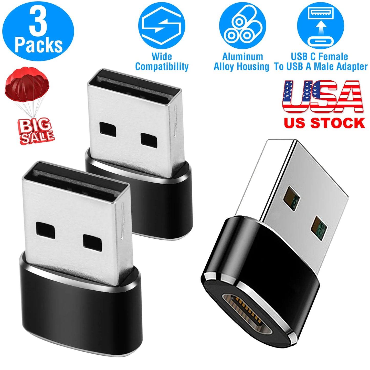 3 Packs USB C Type-C Female to USB Type A Male Port