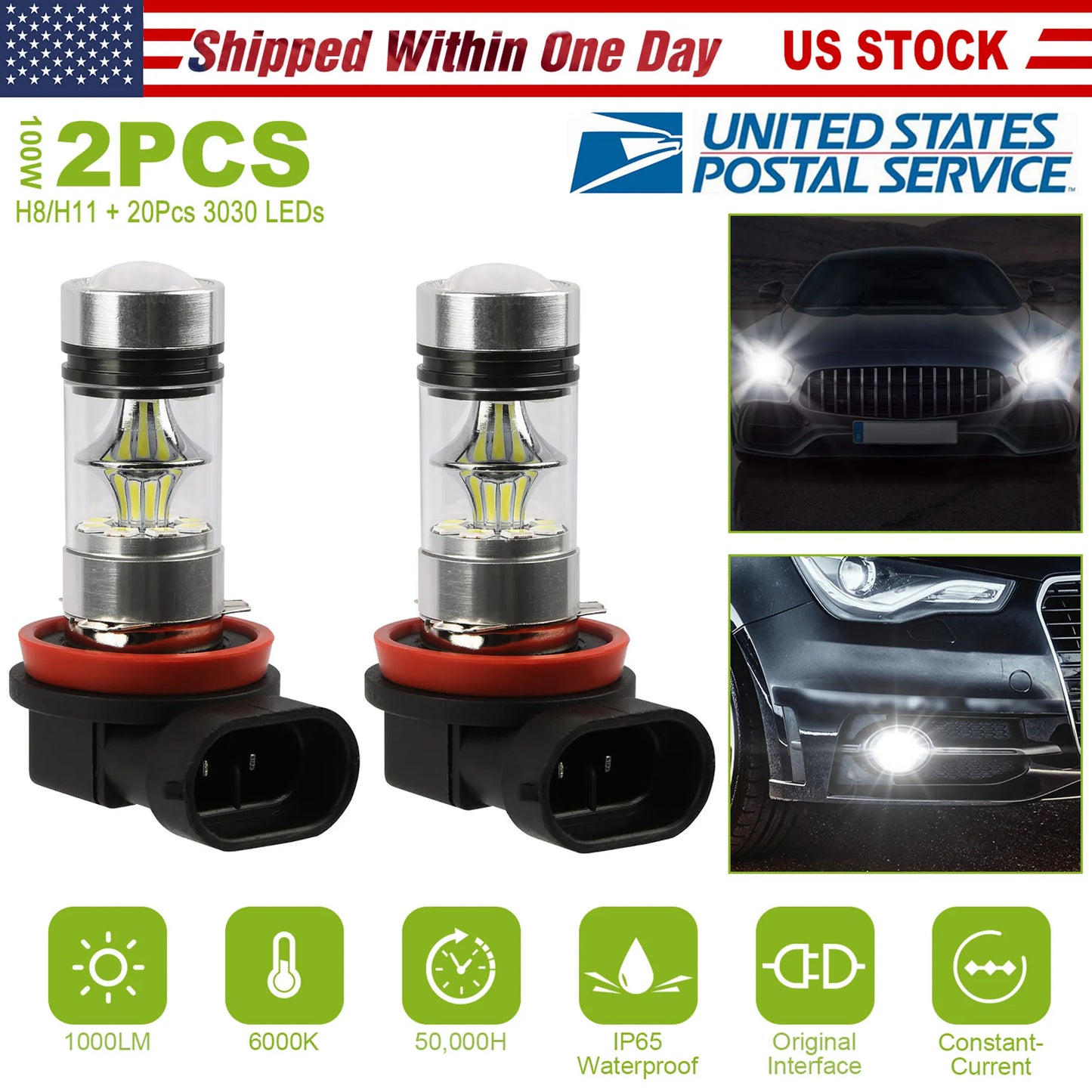 2PCS 1000lm 100W H8/H9/H11 LED Fog DRL Light Bulb