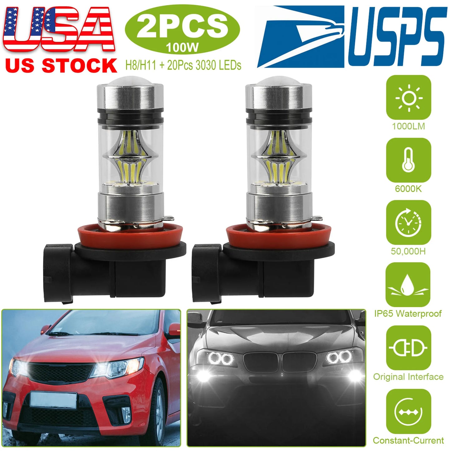 2PCS 1000lm 100W H8/H9/H11 LED Fog DRL Light Bulb