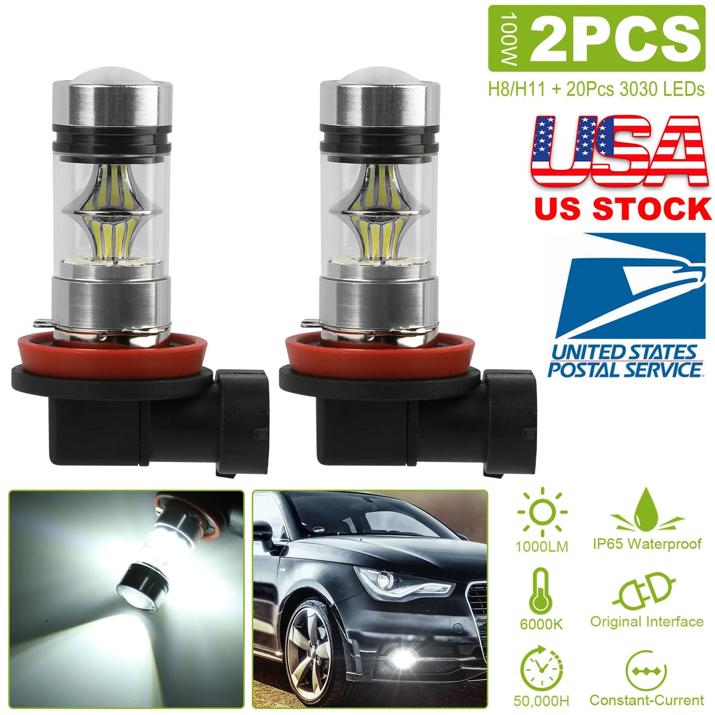 2PCS 1000lm 100W H8/H9/H11 LED Fog DRL Light Bulb