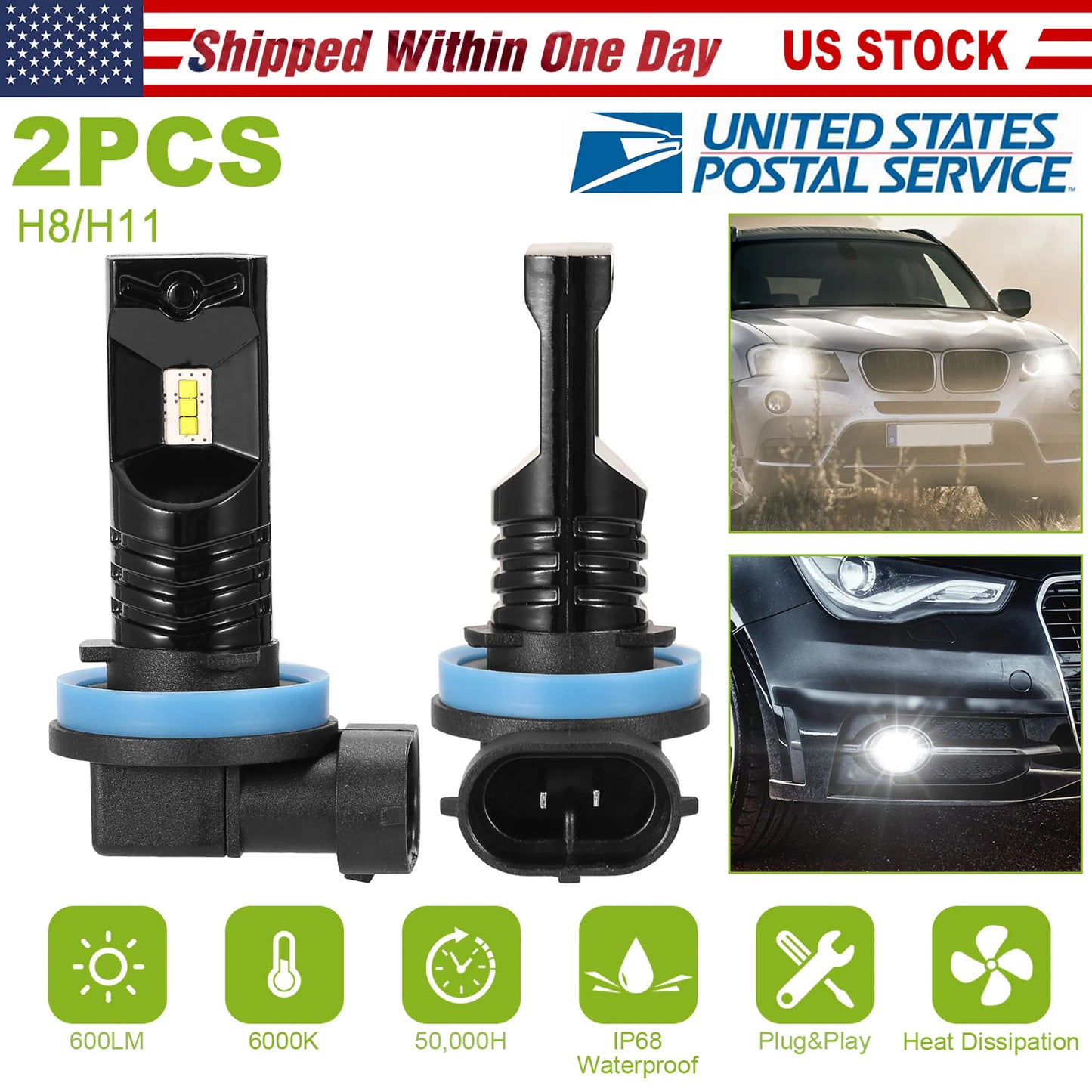 2PCS 600lm 80W H8/H9/H11 LED Fog DRL Light Bulb